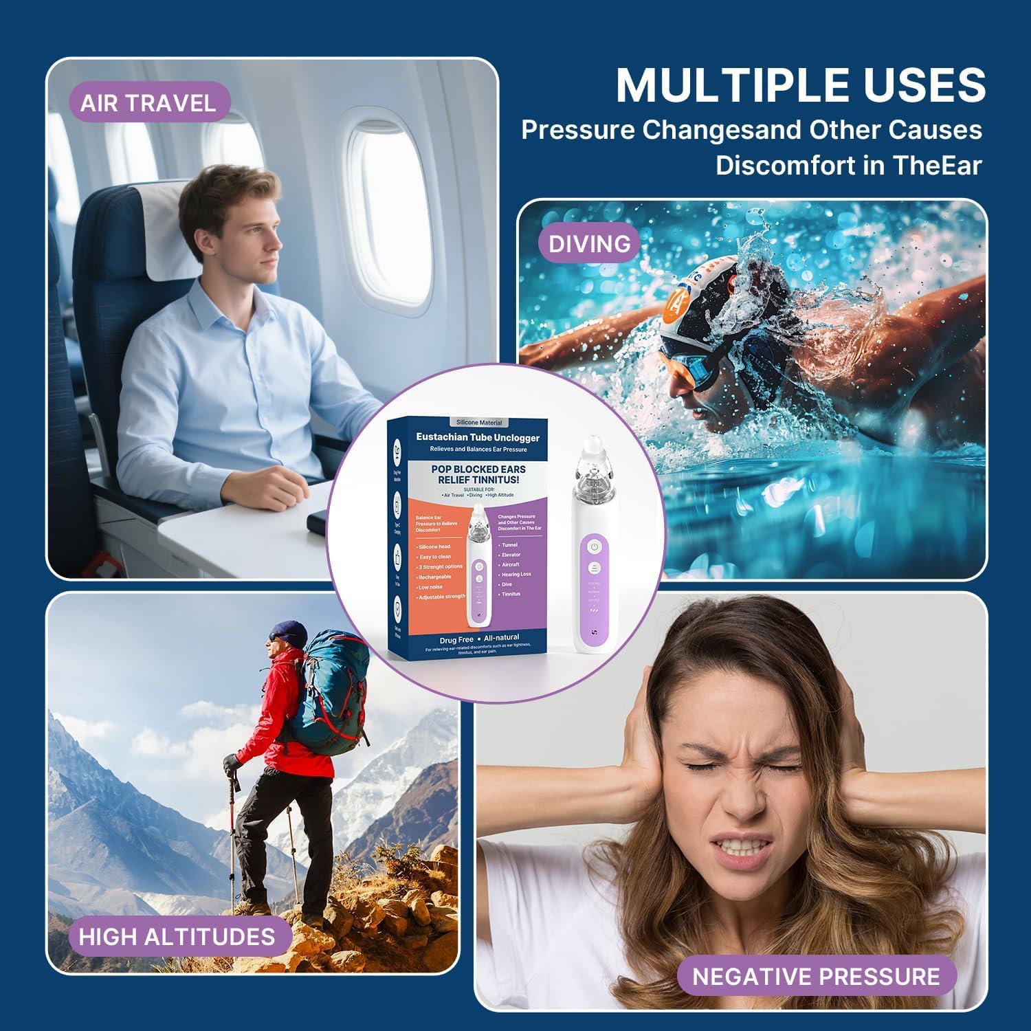 Eustachian Tube - Dispositivo portatile per alleviare la pressione dell'orecchio, per viaggi in aereo, cambiamenti di altitudine per immersioni, non invasivo, con 3 impostazioni regolabili, per