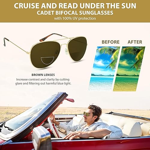Miniatura 9 de ProSPORT Aviador Bifocal Gafas de sol Lector Hombres Mujeres Marrón Lente de humo