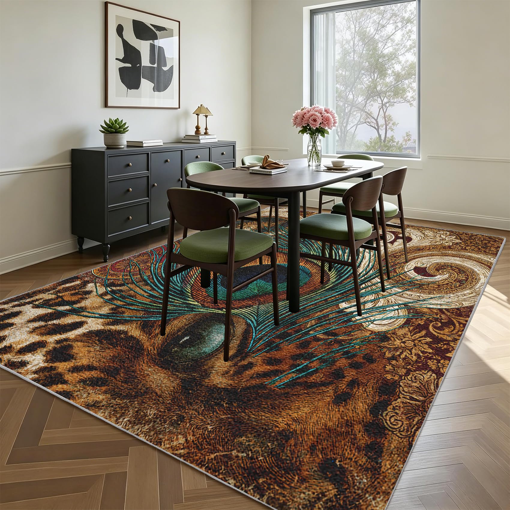 Générique Motif Léopard Tapis Salon 120x170cm Plume De Paon