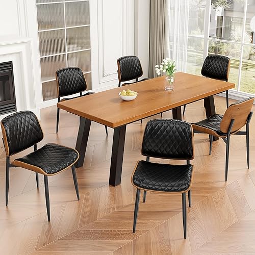 Miniatura 16 de Juego de 6 sillas de comedor, sillas modernas de mediados de siglo tapizadas en cuero PU con respaldo de madera curvada de nogal y patas de metal
