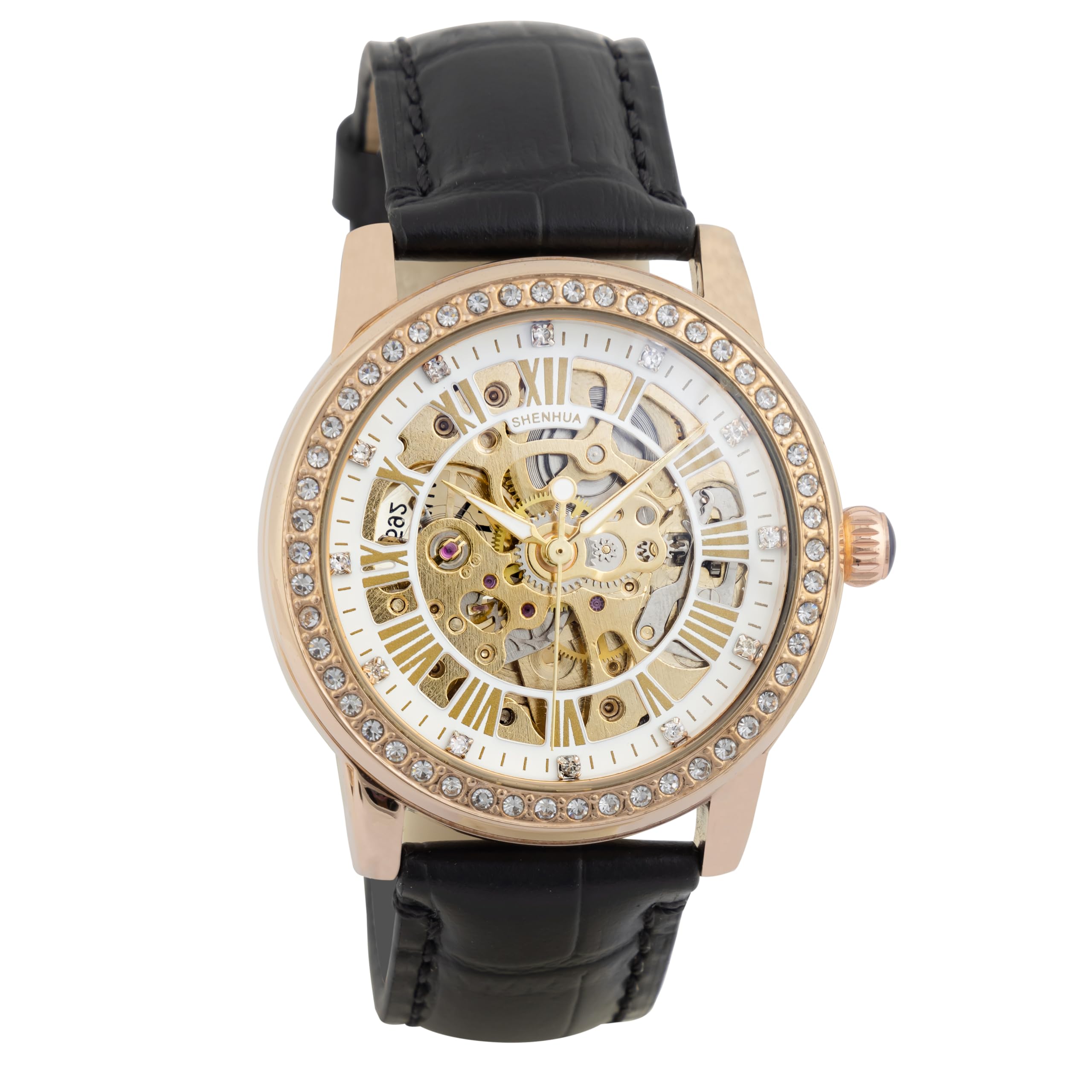 SHENHUA Watches Womens Skeleton Watch Roman Numerals White Dial Diamond Studd (Black) (B0D3T119D4) Amazon Price History, Amazon Price Tracker