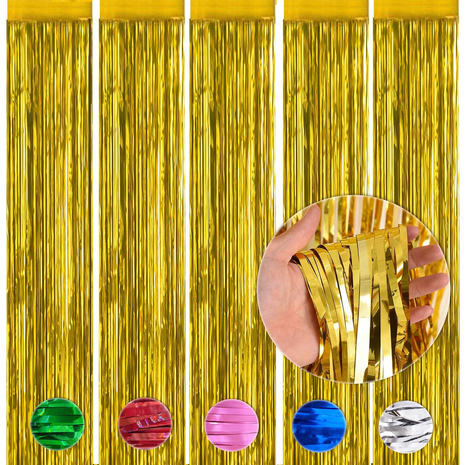 WOBBOX Big 3ft x 6ft Metallic Foil Fringe Curtain For Decoration Metallic Foil Curtain For Decoration Backdrop Door Window Curtain Party Decoration (One Pack) (Gold) (Pack of 5)