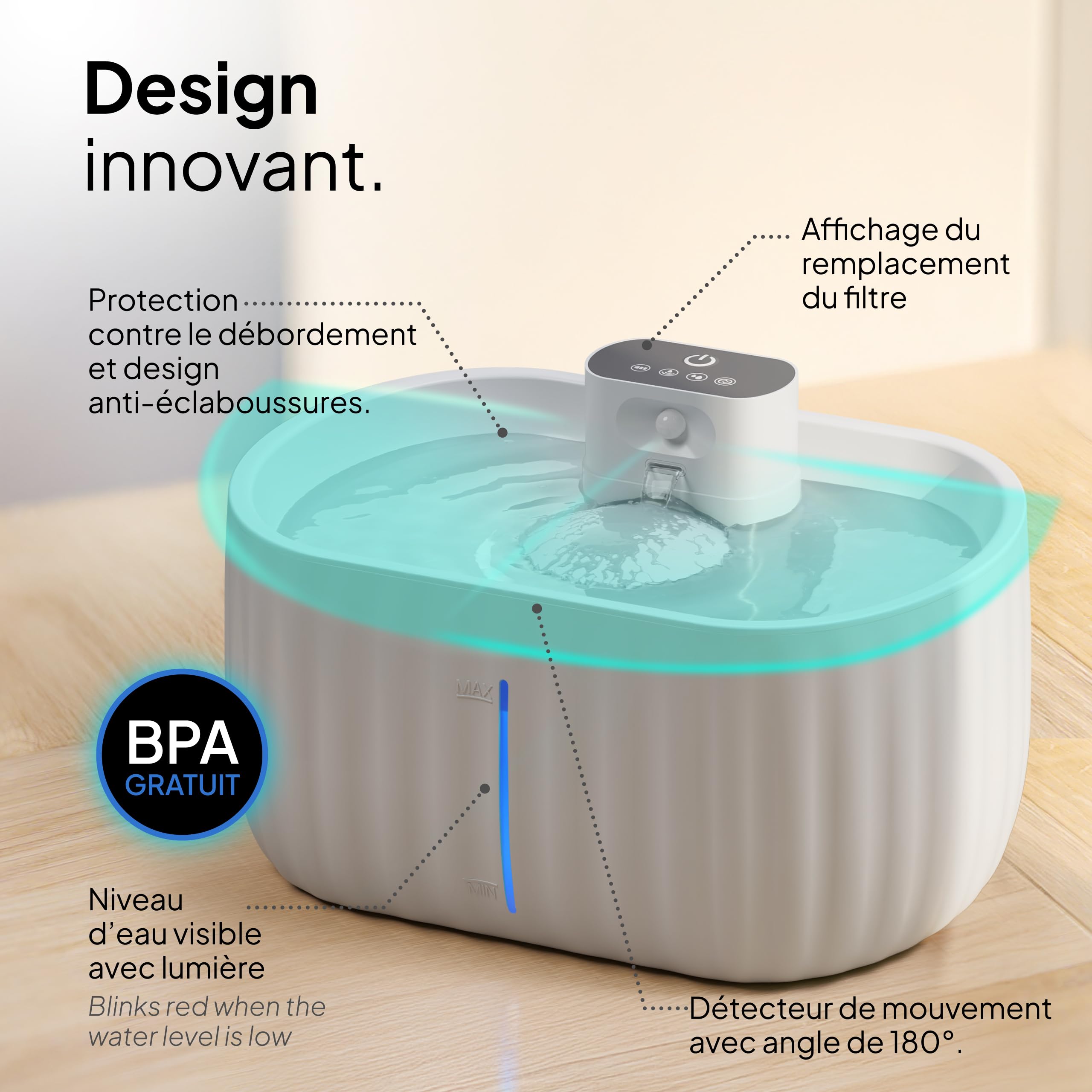Pretty Paw Fontaine à Eau pour Chat sans Fil 3L - Détecteur de Mouvement, Pompe silencieuse, Fontaine pour Chat Rechargeable avec Filtre, Placement Flexible sans câble - Aqua Sense (Gris)