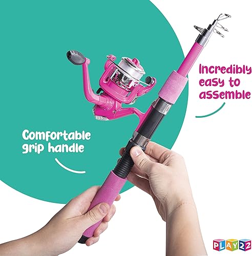 Miniatura 3 de Play22 Caña de pescar para niños, color rosa, 40 unidades, combos de caña de pescar y carrete, cañas de pesca para niños jóvenes, incluye aparejos