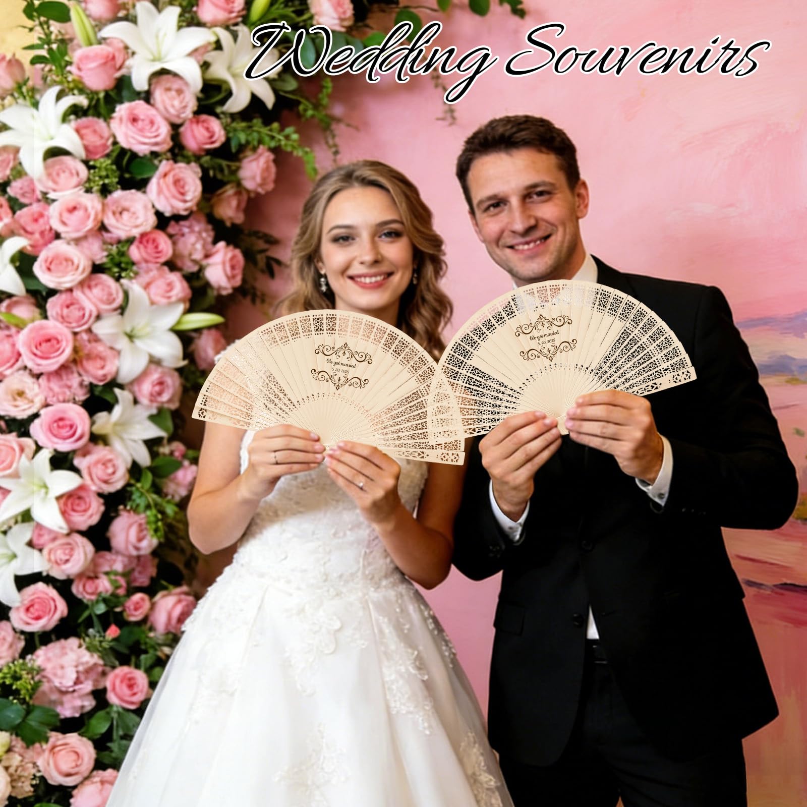 Lot de 30 éventails personnalisés en bois avec pompons et pochettes organza – Idéal pour mariage, remise de diplômes et anniversaires (Éventail creux en bois)