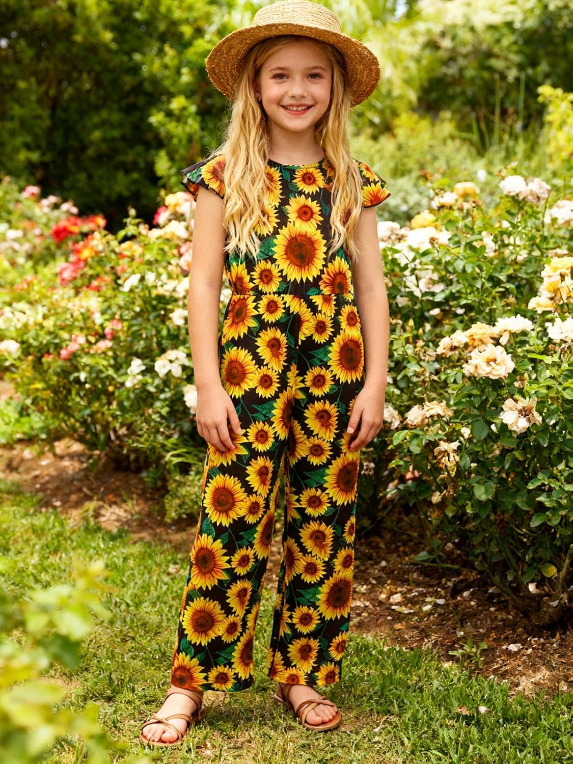 Haloumoning Girls Floral Jumpsuit Kids Fashion Ruffle Cap Sleeve Wide Leg Romper One Piece Outfits with Pockets - Image 2