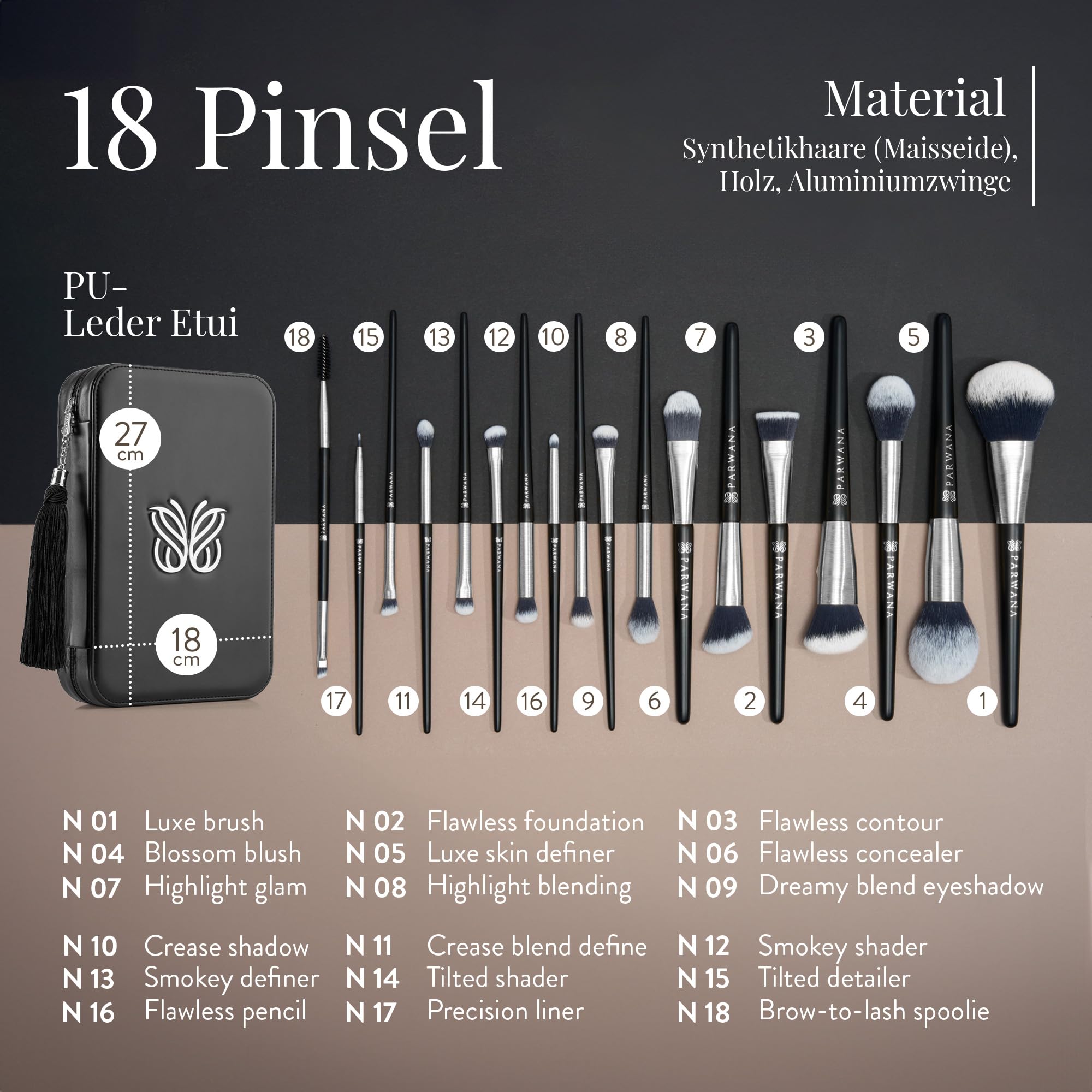 Luxuriöses Make Up Pinsel Set mit Etui [18-Pinsel] - Schminkpinsel Kosmetikpinsel Gesichtspinsel Augenpinsel Lidschattenpinsel Puderpinsel Foundation Highlight Concealer Contouring | Geschenkidee