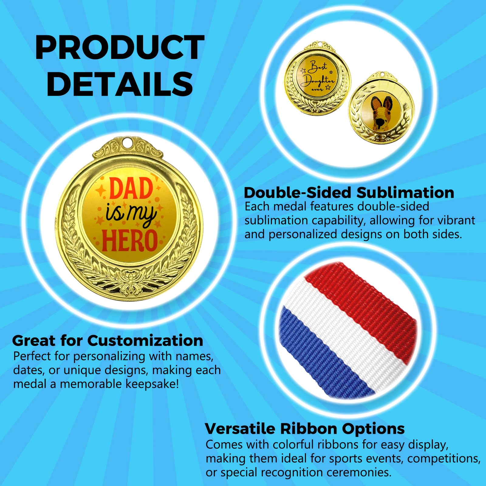 6 Stück Sublimations-Medaillen aus goldfarbenem Metall, Auszeichnungspreismedaille, 6,5 cm, individuelles Design, für Wettbewerbe, Schule, Zuhause, Büro, Veranstaltung