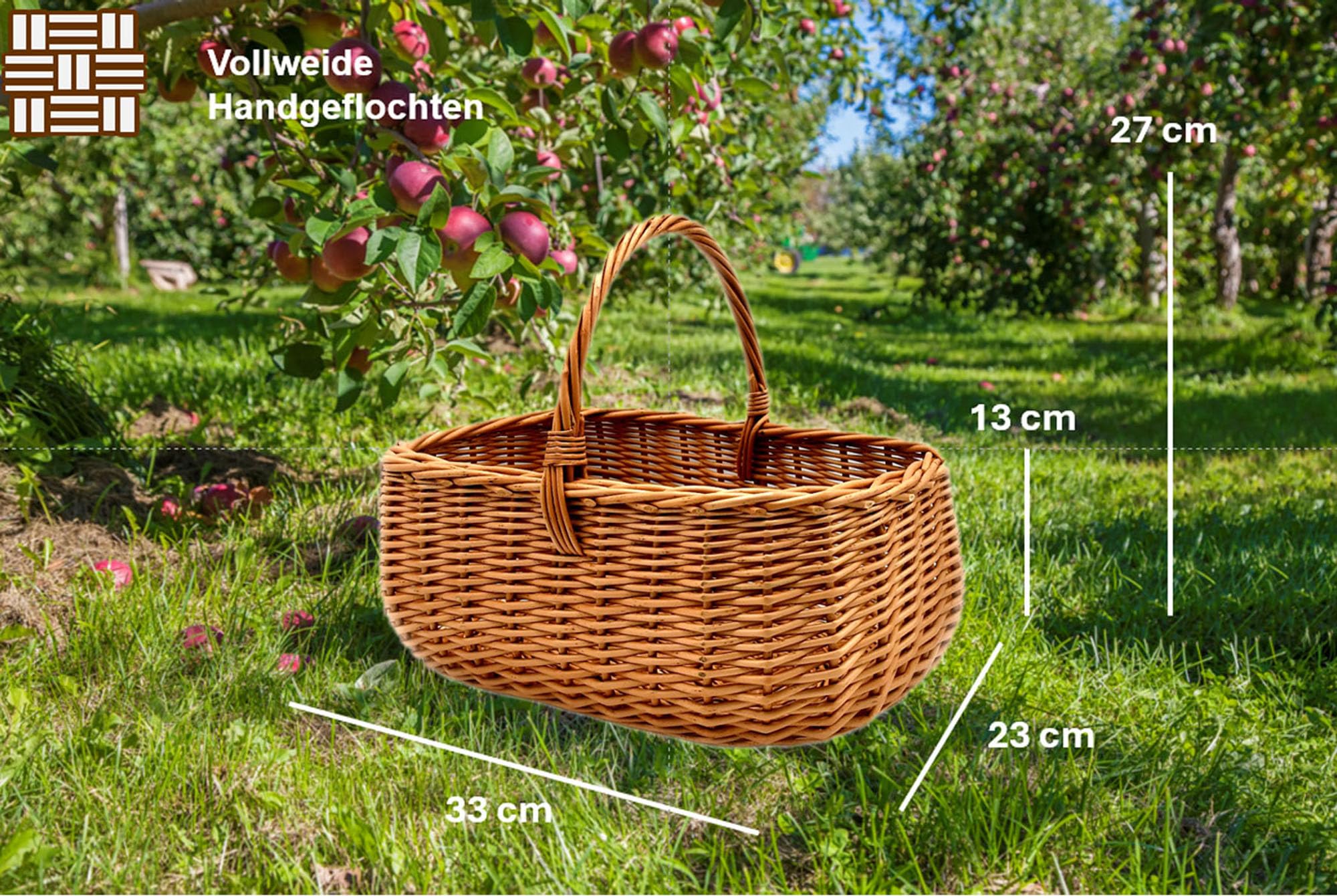 MyBer® Korb Weidenkorb Einkaufskorb Picknickkorb 33/23/13cm Stabiler Tragekorb aus Weide K1-014
