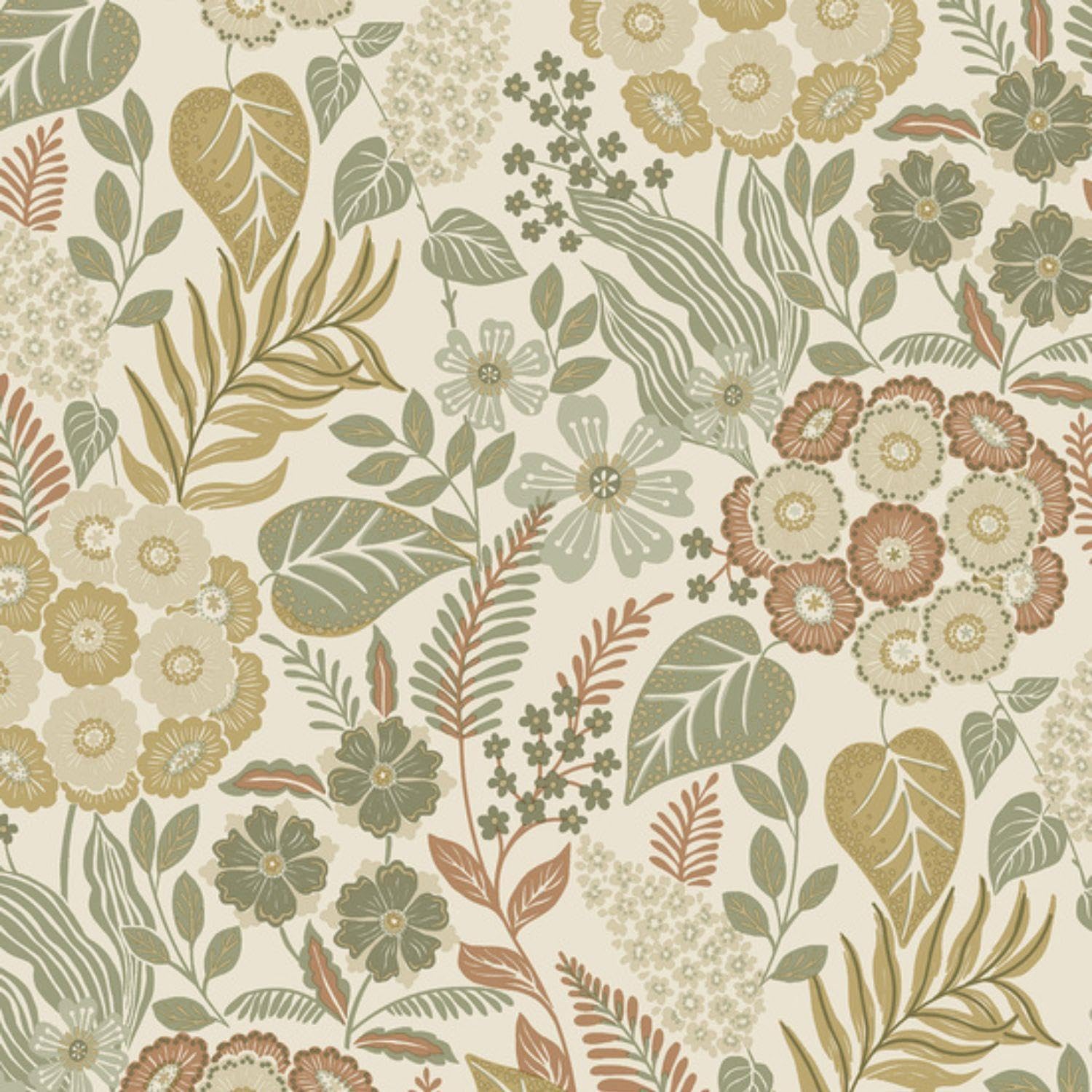 Yöl Multi ** Sample Grandeco Karuna Retro Flowers Green Orange Wallpaper (53X53)