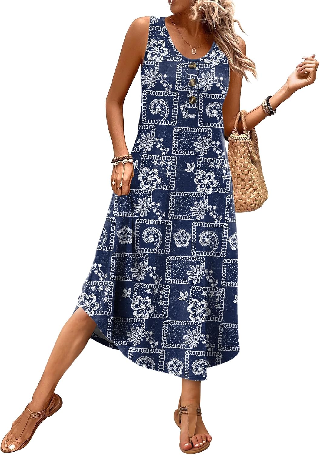 WIHOLL Summer Dresses for Women 2026 Button Front Sleeveless Casual Midi Dress Beach Vacation Sundresses with Pockets thumbnail