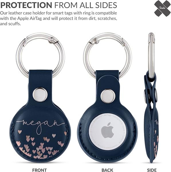 Tirita Personalised Case Keyring Holder Compatible with Apple AirTag 1 & 2 - Leather Case with Key Ring for Apple Air Tag [10- Rose Gold Hearts Rain on Blue] - 3
