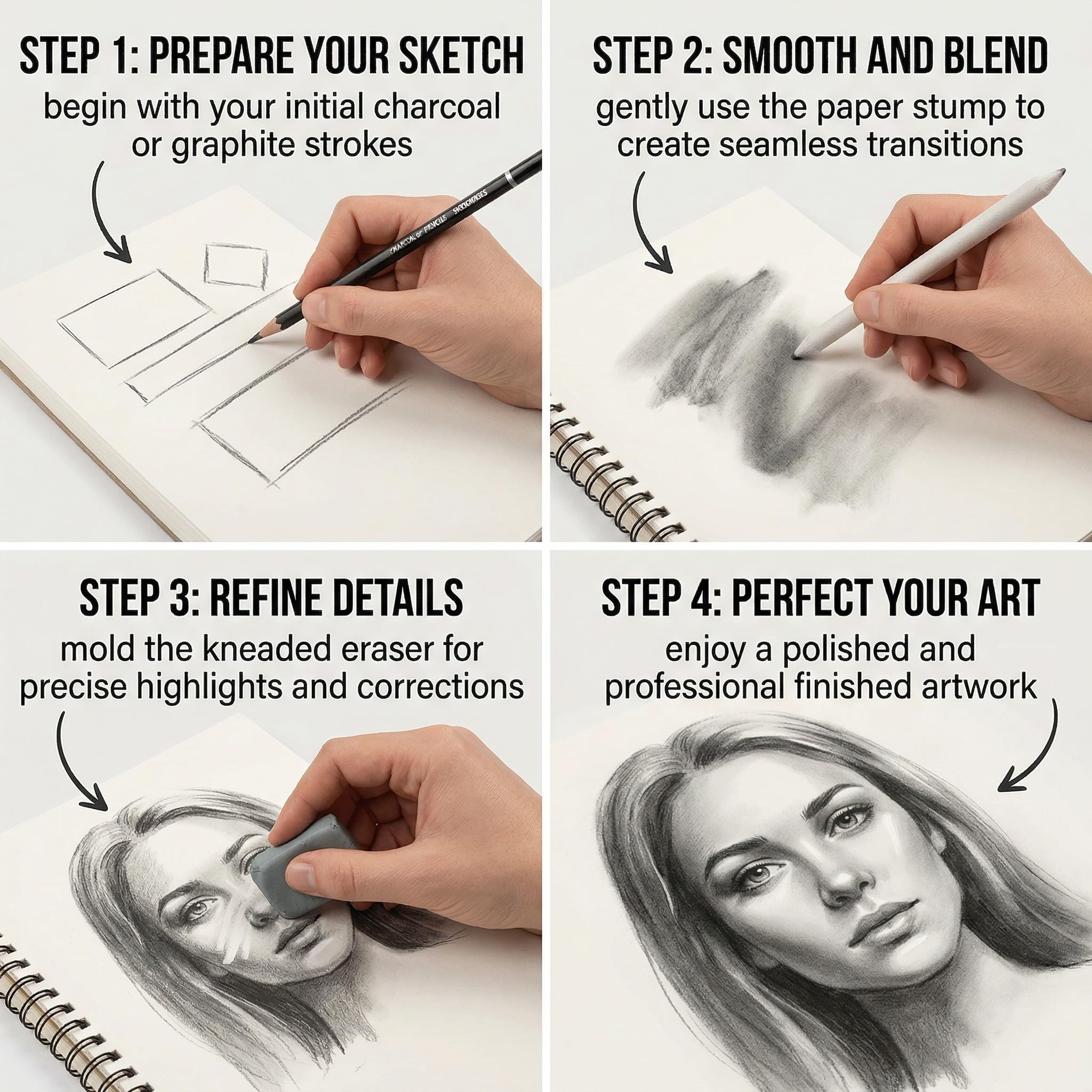 6 Difuminadores para Dibujo y 2 Lápices Goma Borrar, Goma Lápiz Precisión Blanco que Permiten Obtener un Efecto de Boceto Delicado y Realizar Retoques Precisos para Artistas, Bocetos y Pintura