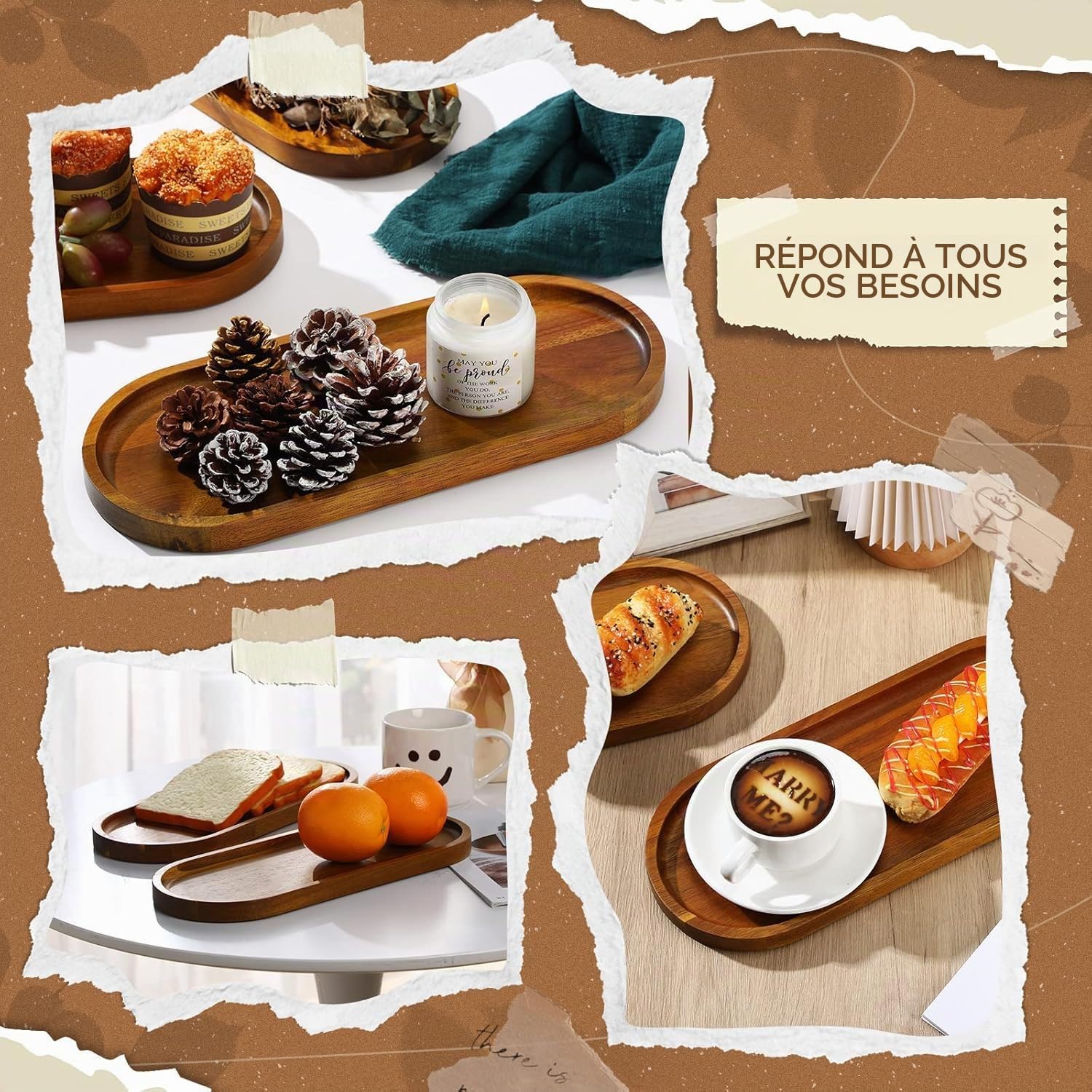 Lot de 8 grands plateaux de service ovales en bois de 35,8 x 14 cm pour dessert, collation, pain, fruits, apéritifs