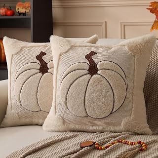 Allorry Fall Pillow Covers 18x18 2 Pack Beige Pumpkin Home Decor PT010A18 | Soft Plush Faux Fur Embroidery Throw Pillow Covers,Autumn Thanksgiving Sofa Bedroom Living Room Home Decor