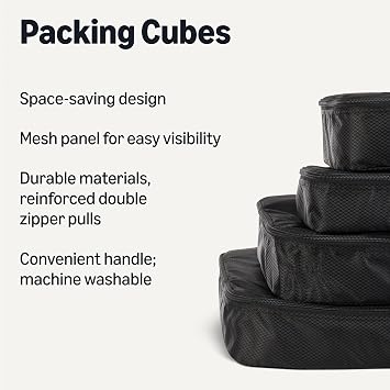 Amazon Essentials 4-Piece Space-Saving Packing Cubes Travel Accessories Set, Luggage Organizer with Double Zipper, Mesh Top, Small/Medium/Large/Slim, Black (Previously Amazon Basics)