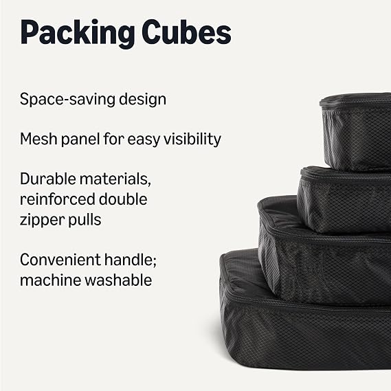Amazon Essentials 4-Piece Space-Saving Packing Cubes Travel Accessories Set, Luggage Organizer with Double Zipper, Mesh Top, Small/Medium/Large/Slim, Black (Previously Amazon Basics)