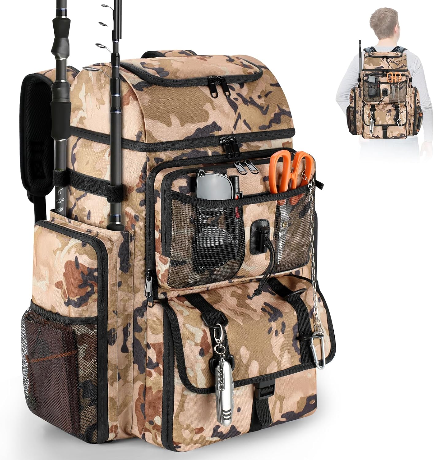 VJI Fishing Tackle Backpack with Rod Holder, Large Tactical Backpack, Fishing Gear Tackle Box Tactical Backpack, Water Resistant Sport Bag and Equipment