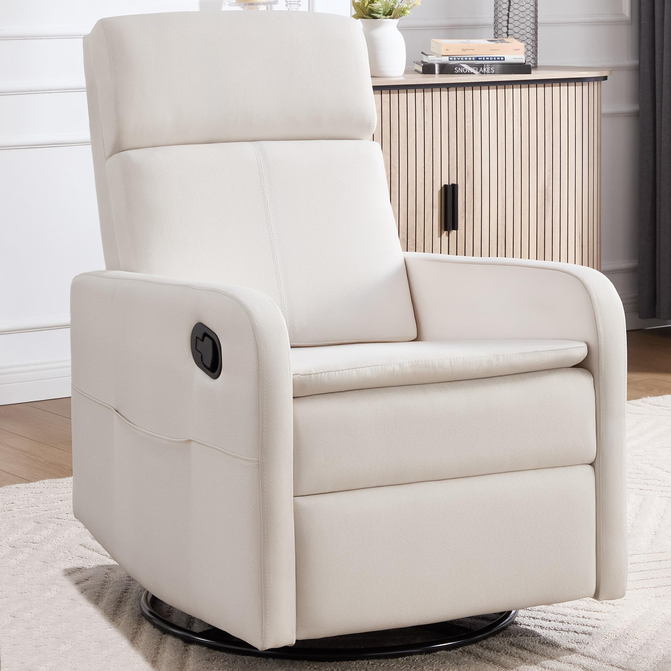 Swivel Rocking Recliner Chair for Adults, Rocker Nursery Glider Chair for Living Room Bedroom, Upholstered Fabric Reclining Single Sofa Chair(Beige)