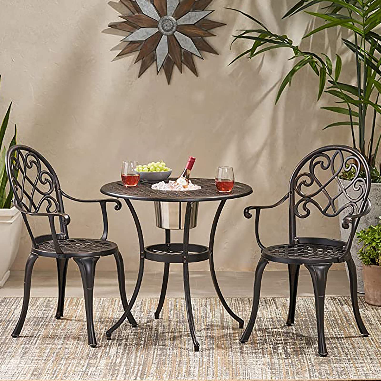 3 Pezzi Set da Bistrot con Secchiello per Il Ghiaccio Rimovibile - Set Mobili da Giardino in Fusione di Alluminio - Set Tavolo e Sedie da Giardino per Veranda, Cortile, Balcone, Giardino