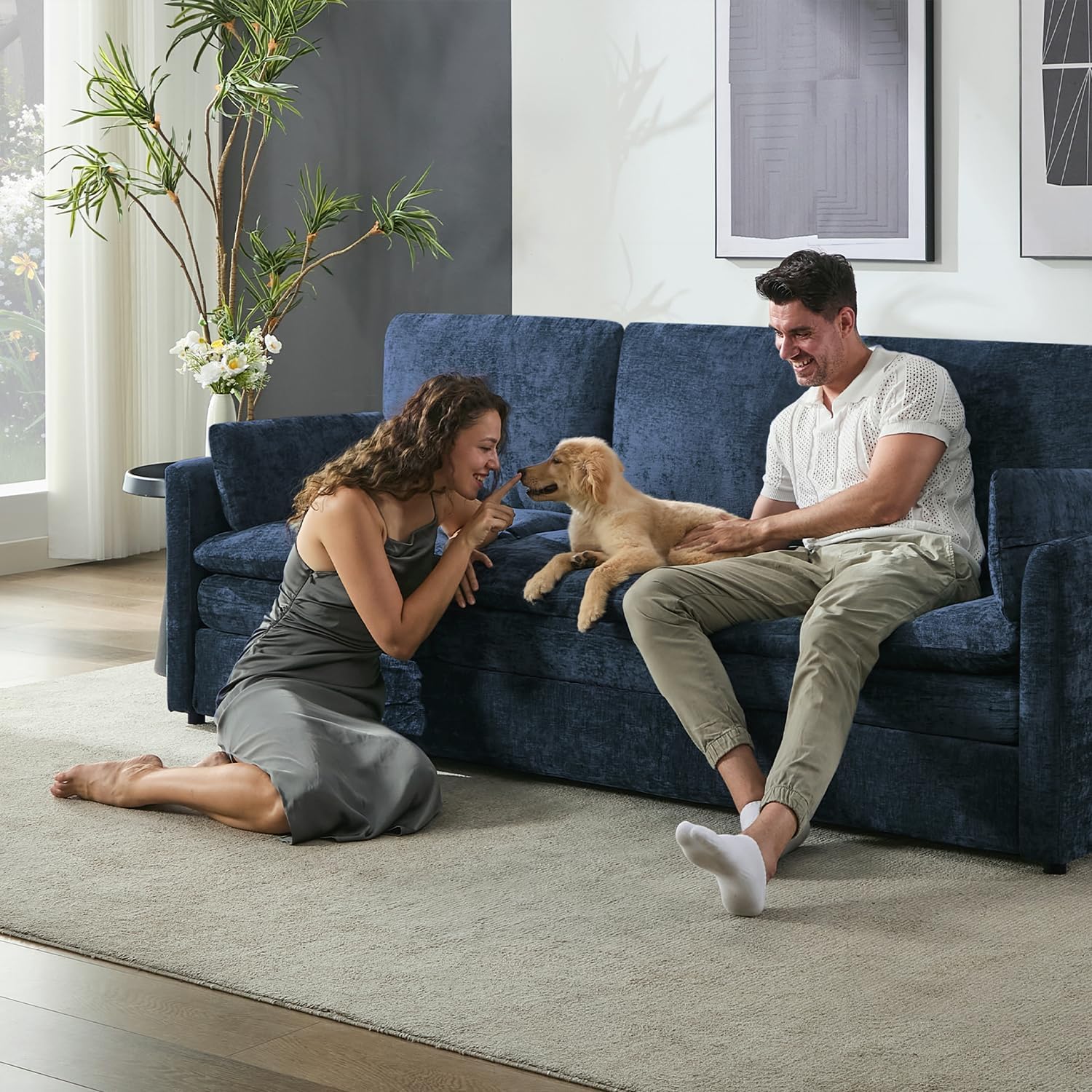Iroomy Cloud Couch, 83.5" W Modern Sofa Spring Seat Cushions, Ultra Soft Upholstered Comfy 3-Seater w/Arm Pillows, Removable Chenille Covers, Living Room Furniture, Home Apartment Office, Blue | Ultra Soft Cushions, Dual-layered Cushion, Pocket Spring, Cloud Comfort, Premium Chenille