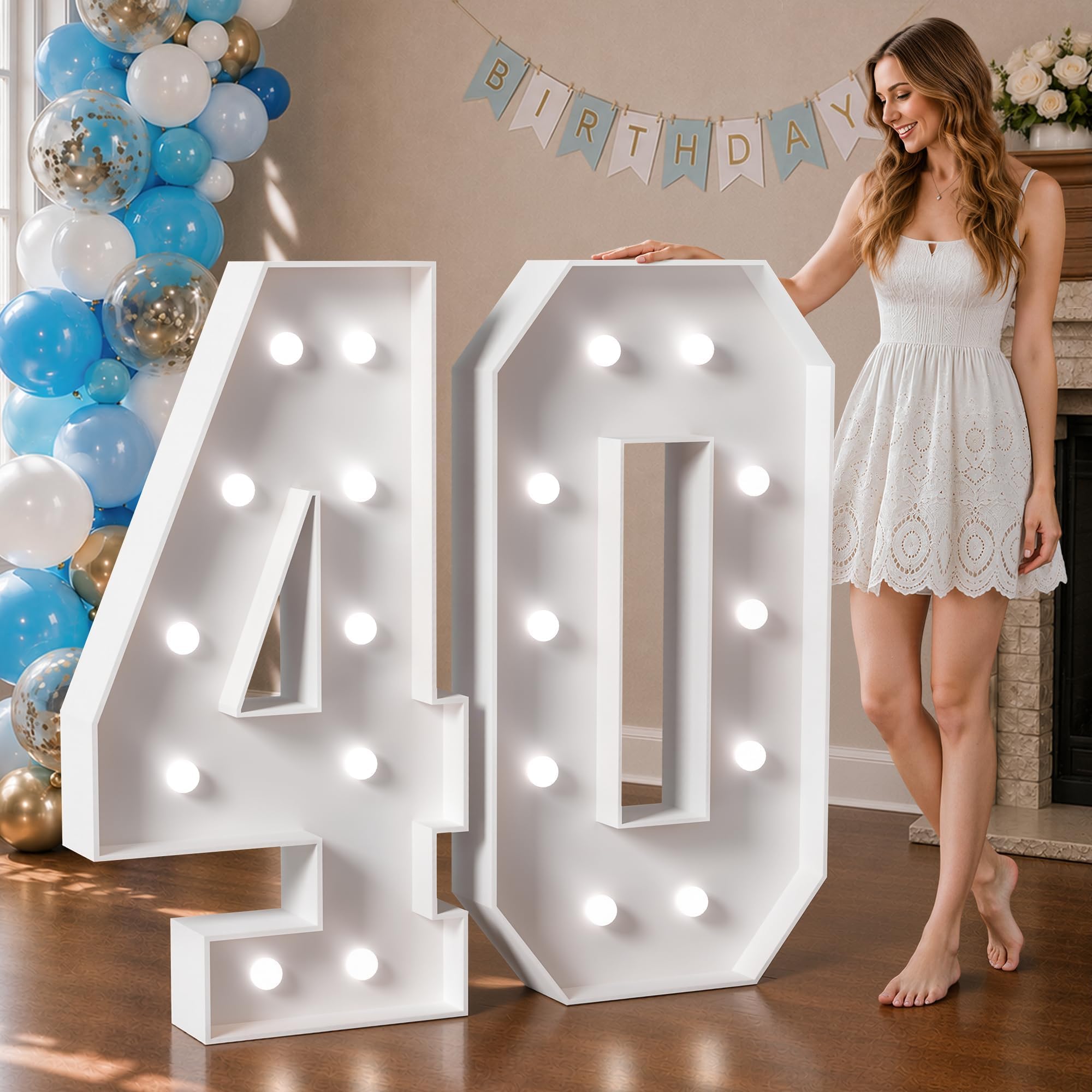 Marquee Numbers 4 Feet Tall Big Light Up Numbers 40th Birthday Decorations Women Men White Anniversary Party Decor Large Cardboard Prop Backdrop Sign 40