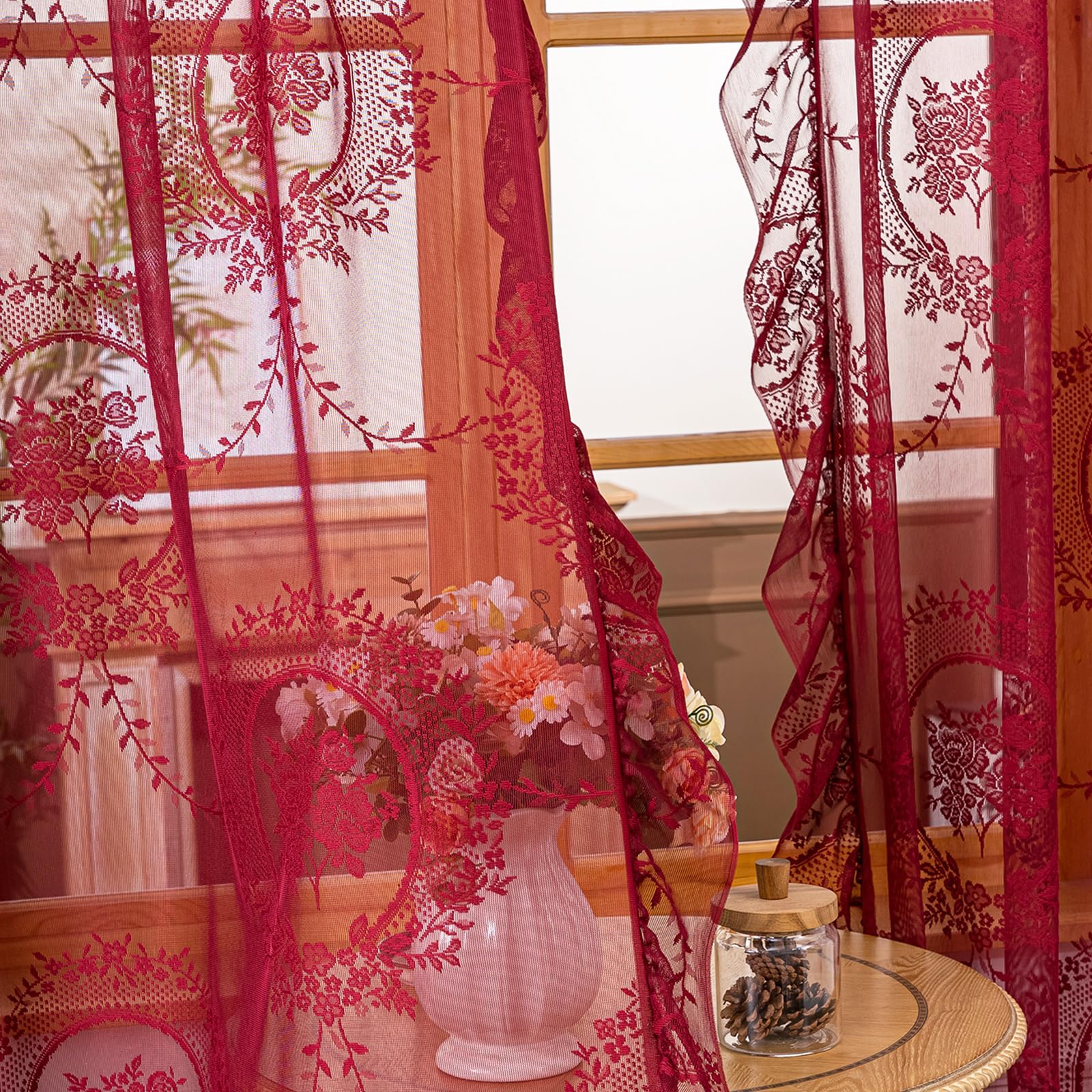 LOHUT Burgundy Lace Curtains for Living Room, 55x63 Inch 2 Panels Set, Boho Sheer Curtains with Floral Lace, Vintage Floral Ring Top Grommet Curtains for Bedroom Dining Room