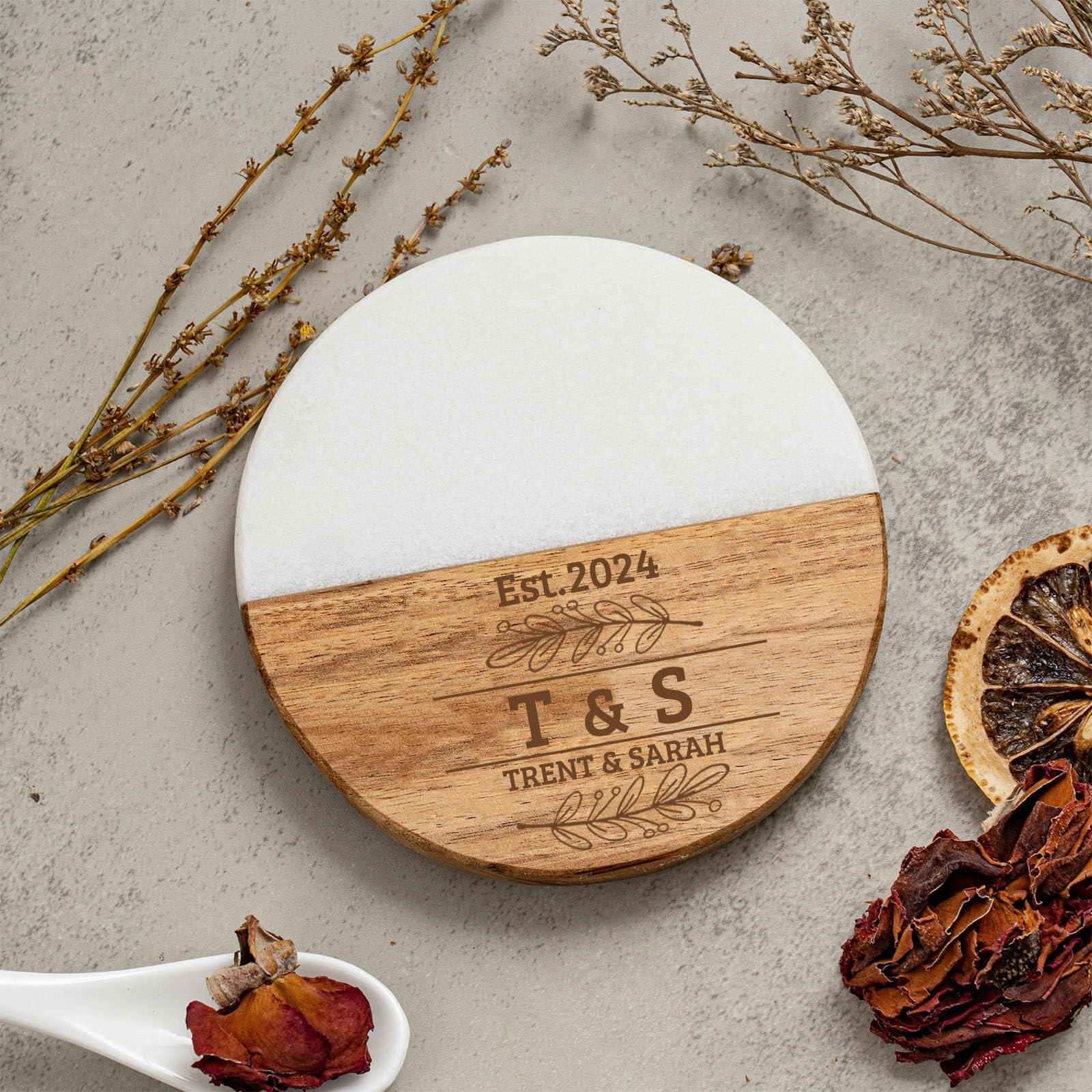 Crezusvo Personalized Coasters, Anniversary Wedding Gifts for Couple, Marble Wood Coaster with Monogram Engraved, Great Newlywed Housewarming