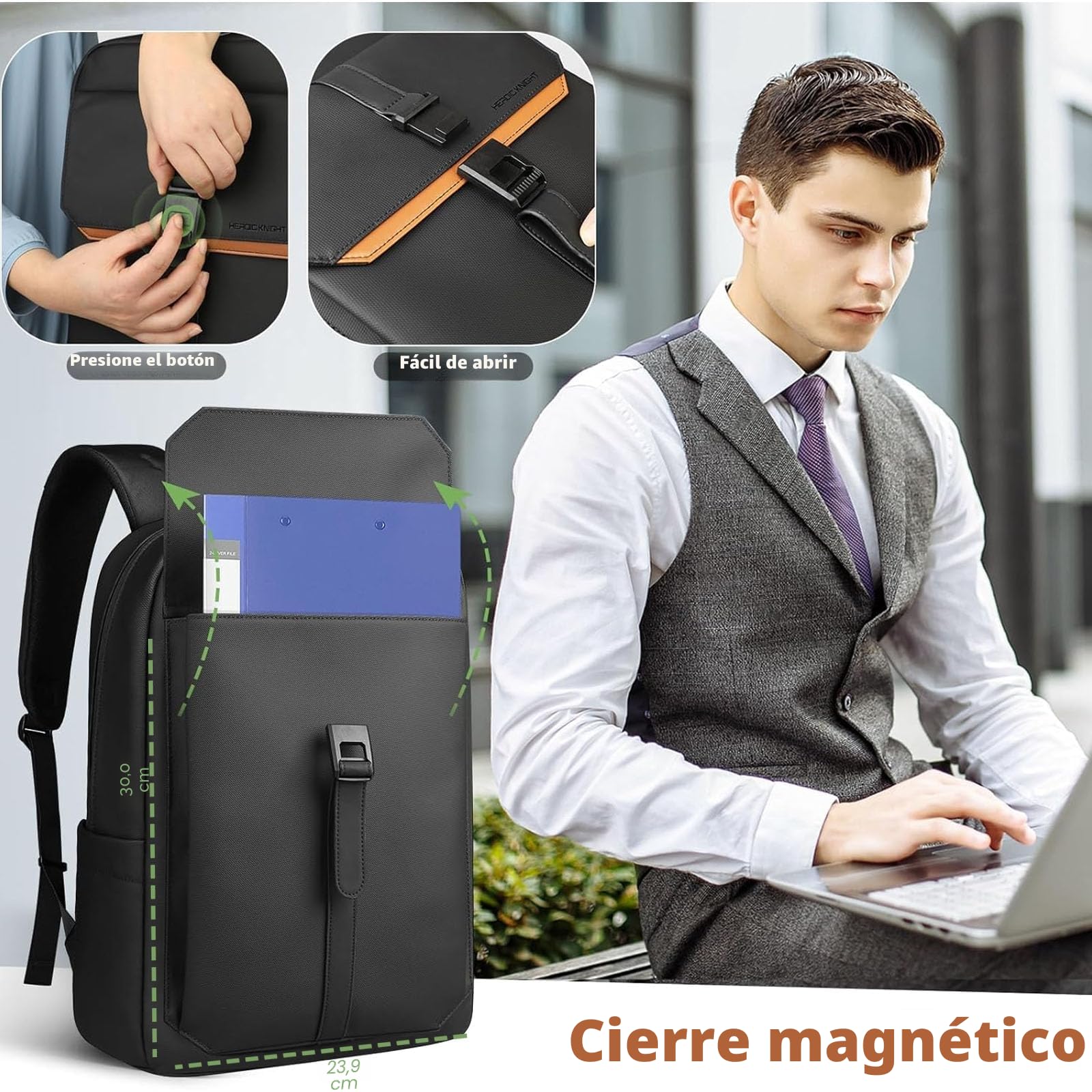 hk Mochila Slim para Portátil 15,6”– Mochila Ejecutiva Impermeable y Ligera para Hombre, Diseño Profesional con Cierre Magnético, Ideal para Trabajo y Negocios – Negro