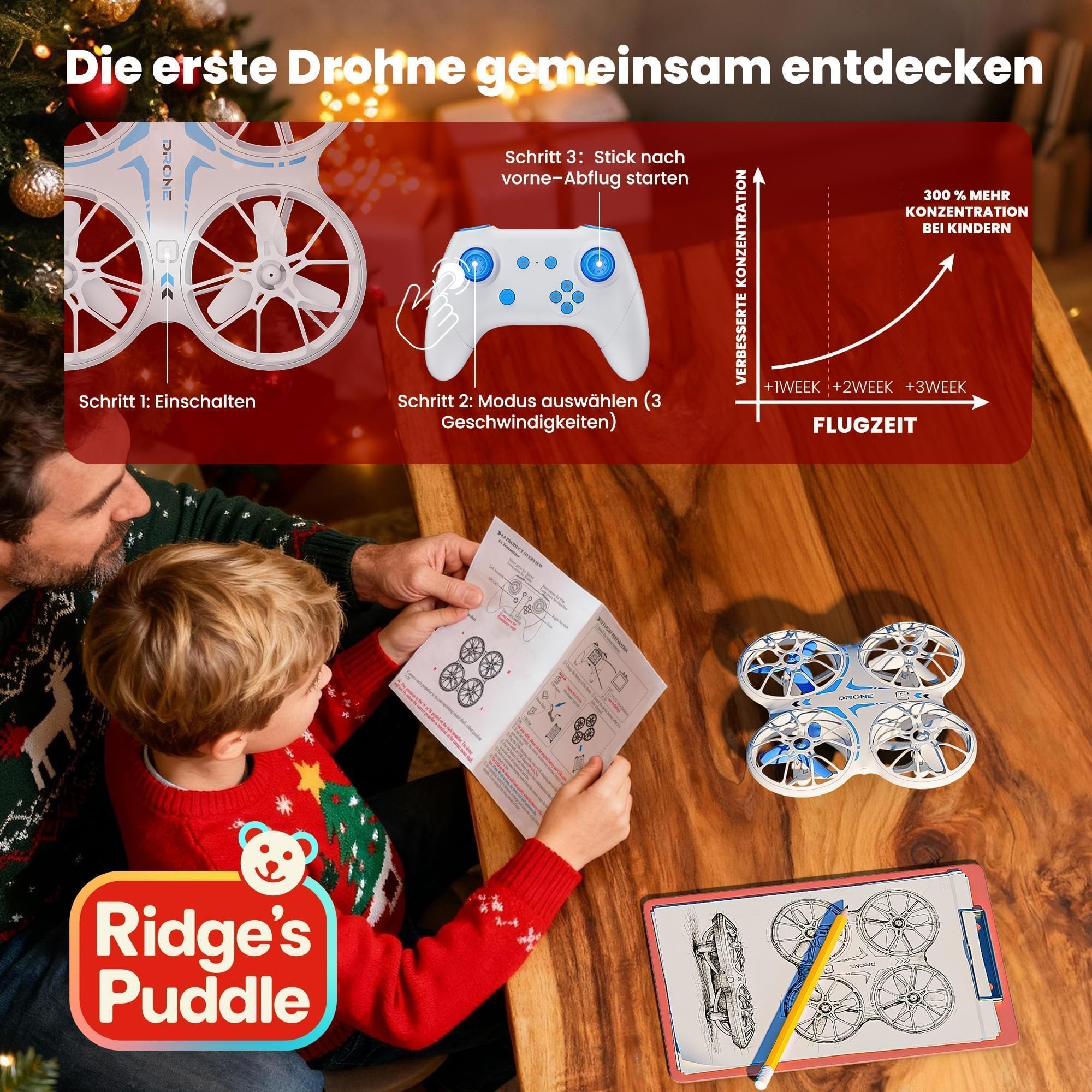 Ridge's Puddle Mini Drone Bambino Giocattolo - Droni radiocomandati giocattolo aereo telecomandato con luci LED regalo per ragazzi e ragazze