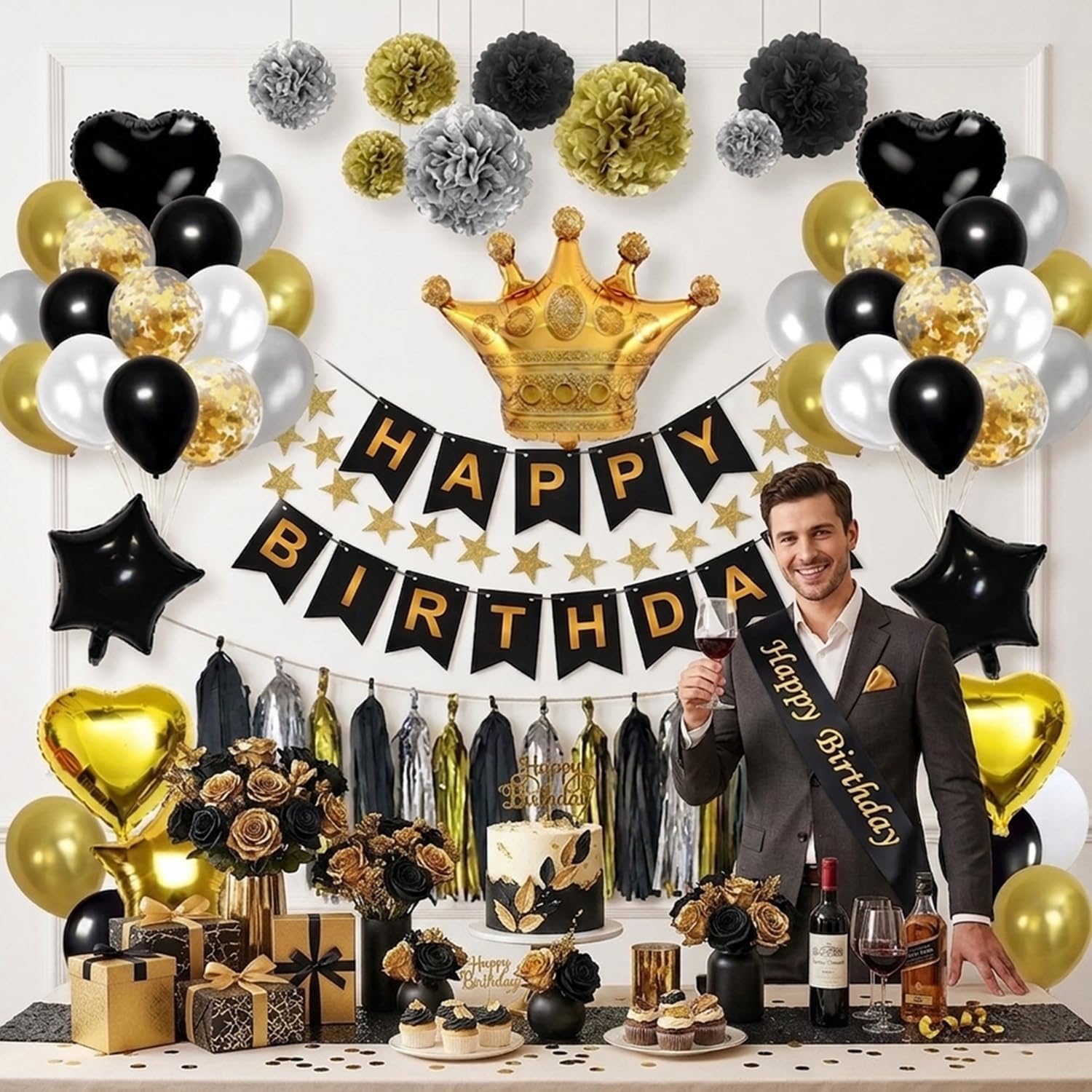 Black and Gold Birthday Decorations for Men Women - Happy Birthday Banner, Gold Crown & Star Foil Balloons, Paper Pom Poms, Tassels Garland, Birthday Sash for Birthday Party Supplies