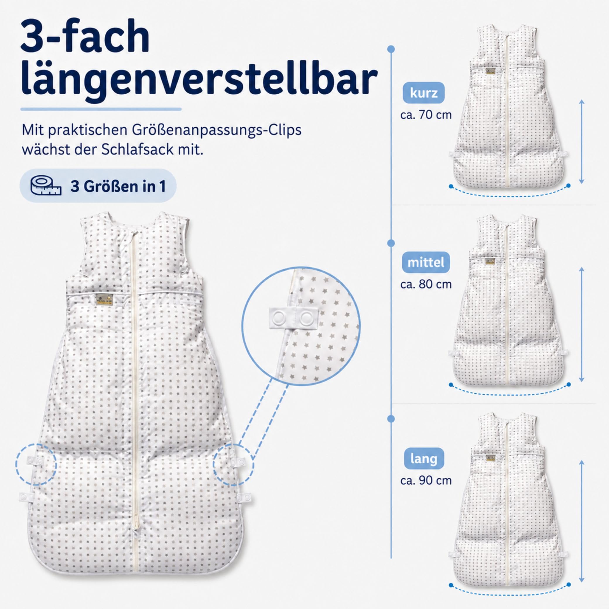 Set ARO Artländer Daunenschlafsack mit Stoffwindel Blaubär/Winterschlafsack längenverstellbar/Baby-Schlafsack mit Premiumdaunen