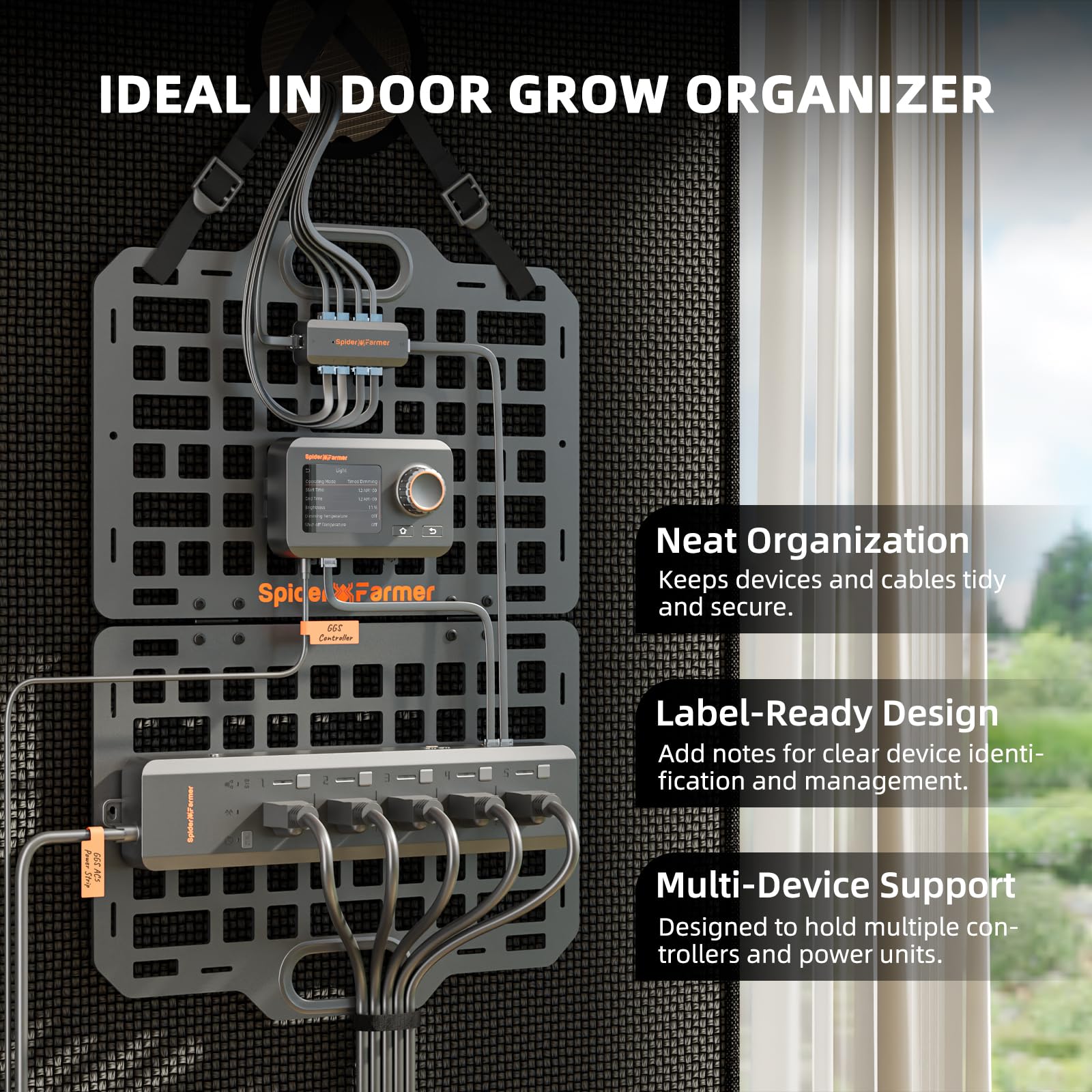 Spider Farmer Grow Tent Gear Board, 2026 Nuovo sistema di gestione delle attrezzature e dei cavi pieghevole e resistente, organizer per pannelli di montaggio in acciaio per GGS Smart System, ciabatta