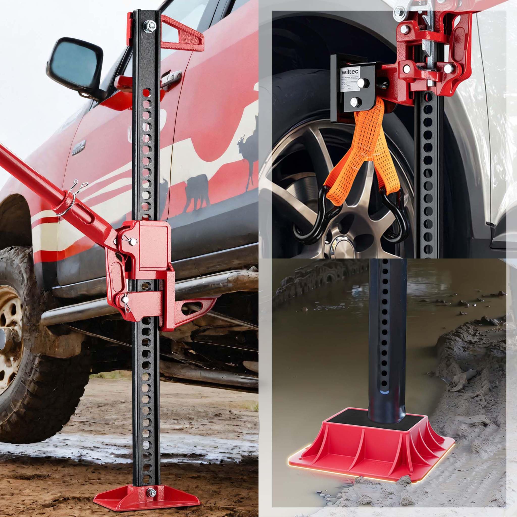 Wiltec Zestaw z podnośnikiem farmerskim o udźwigu do 3000 kg, lewarek hydrauliczny terenowy, do użytku off road, podstawa 278x278 mm, adapter do koła SUV 4x4