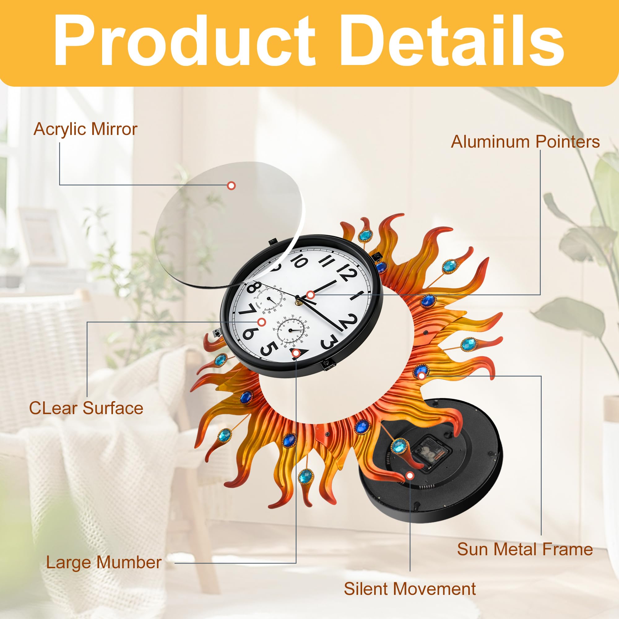 shumi Grande horloge murale d'extérieur avec thermomètre et hygromètre, horloge murale décorative silencieuse sans tic-tac pour terrasse, piscine et salle de bain