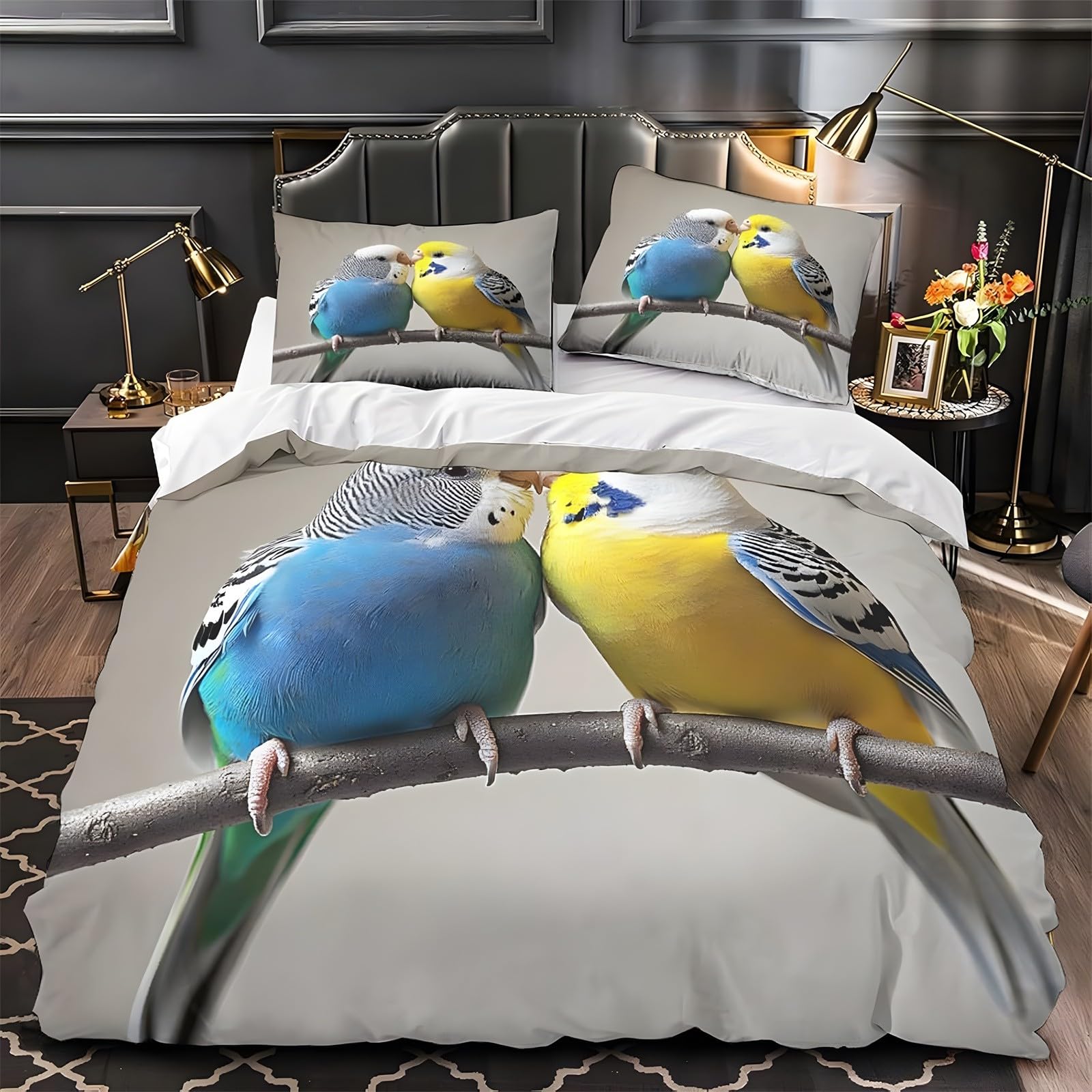 Ypthriline King Size Duvet Cover Sets Parrot Bedding Set Microfiber Gray Duvet Covers with Pillowcases Reversible Bedding With Zipper Closure 230x220CM
