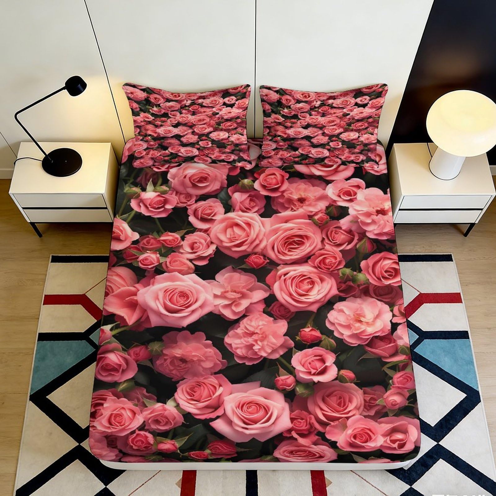 3D Printed Pink Rose Bloom Fitted Sheet Microfiber Soft Bedroom Decor Floral Mattress Cover for Home Guest Room 90x200x25cm