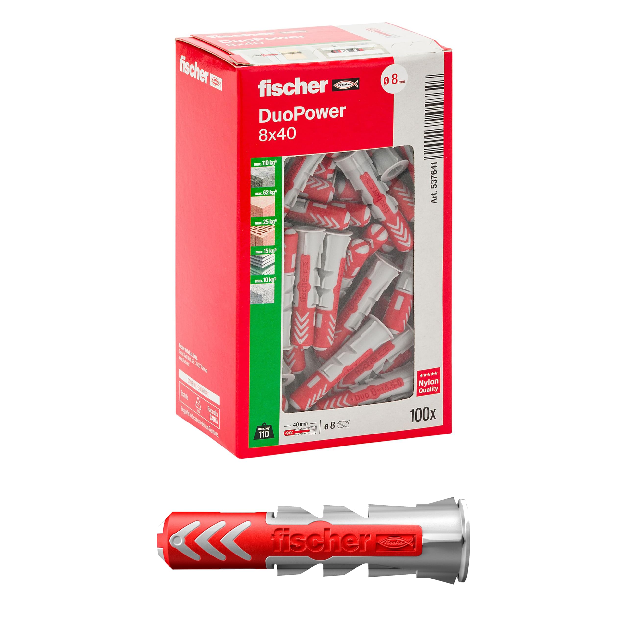 Fischer DuoPower Dübel, 8 x 40 mm, für Mauern, Lochstein, Gipskarton, 537641, 100 Stück