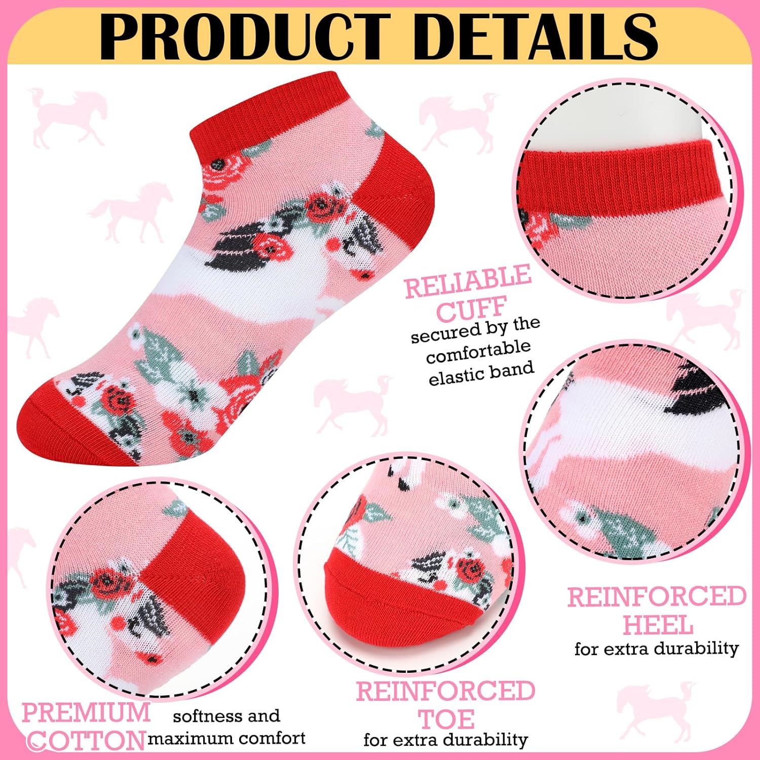 Leumoi 12 Pairs Funny Horse Ankle Socks for Women Novelty Equestrian Socks Horse Lovers Gifts Cute Fun Aesthetic Stuff US Size 6-12 Riding Gift for Women Cowgirl Ladies - Image 3