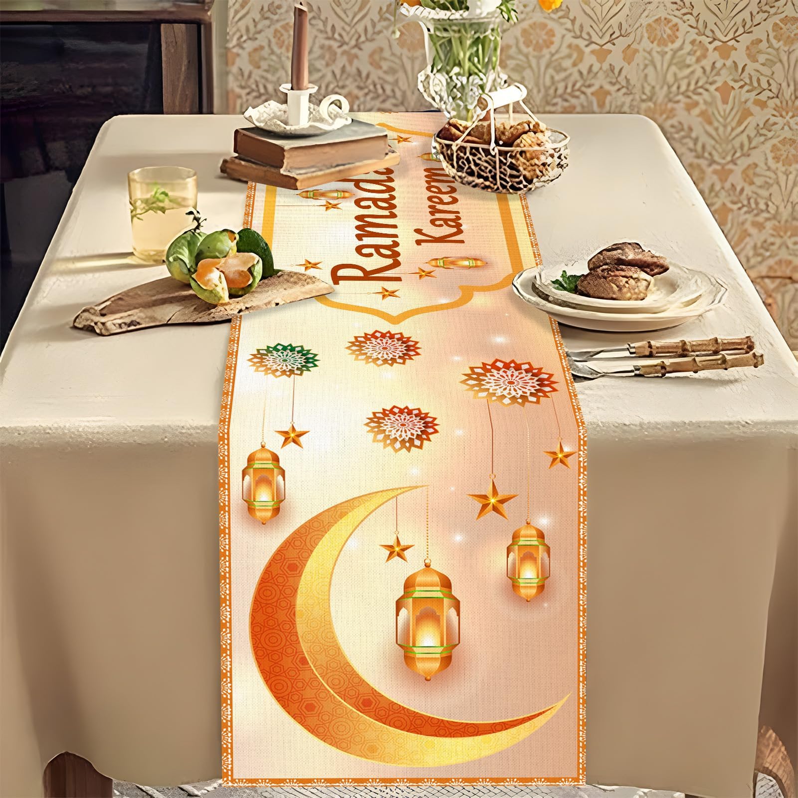 KASTWAVE Festive Ramadan Table Runner, Elegant Iftar Dining Decoration for Home & Kitchen, Gold Moon Star Mubarak Holiday Party Supplies - 13 x 72 Inch