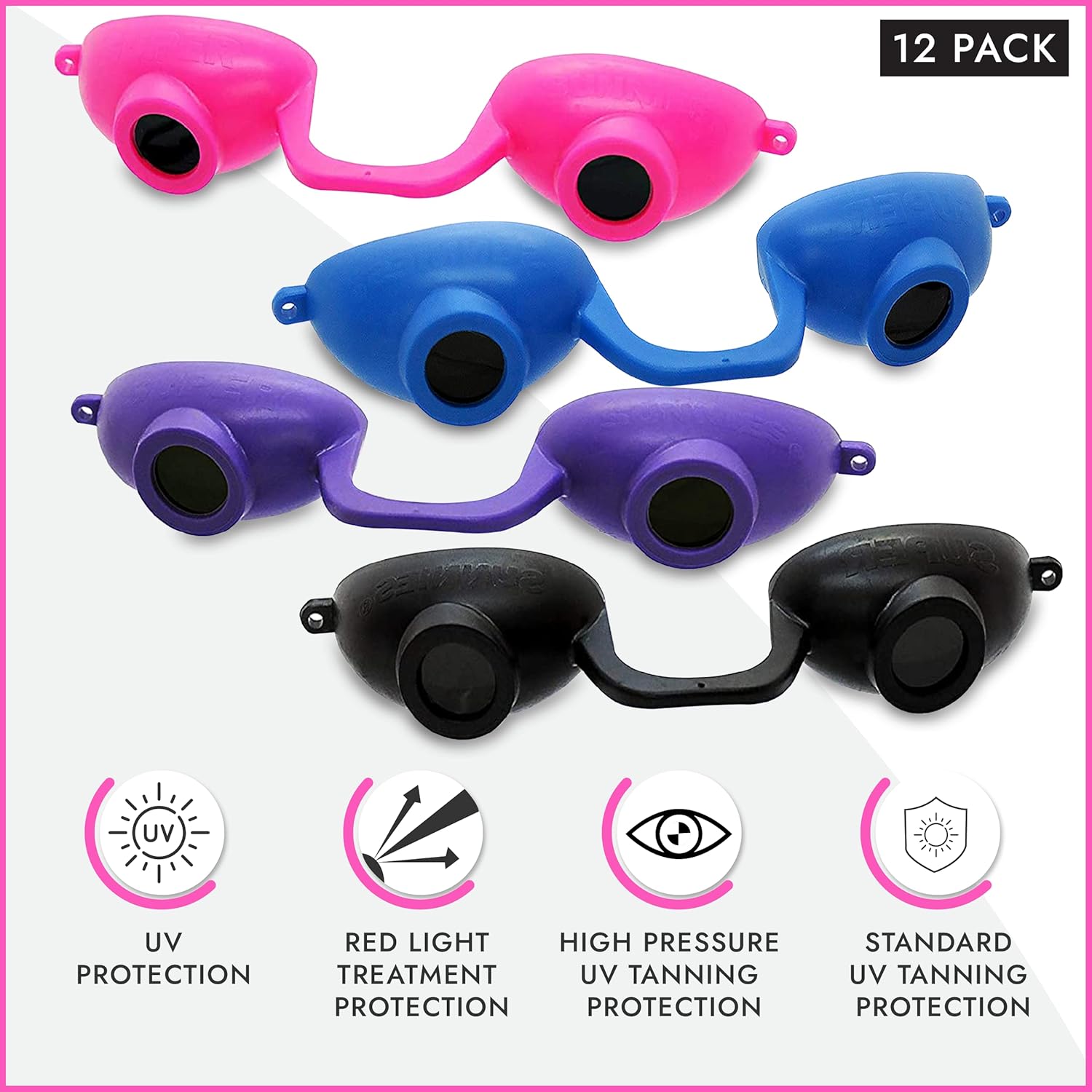 Super Sunnies Tanning Bed Goggles FDA Compliant Eyeshields, UV & Red Light Therapy Protection - Assorted 12 Pack