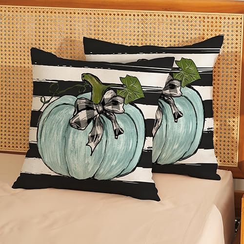 Miniatura 38 de Juego de 2 fundas de almohada de otoño de 18 x 18 pulgadas, hojas de arce de calabaza y búfalo a cuadros, decoración de otoño, de lino, Acción