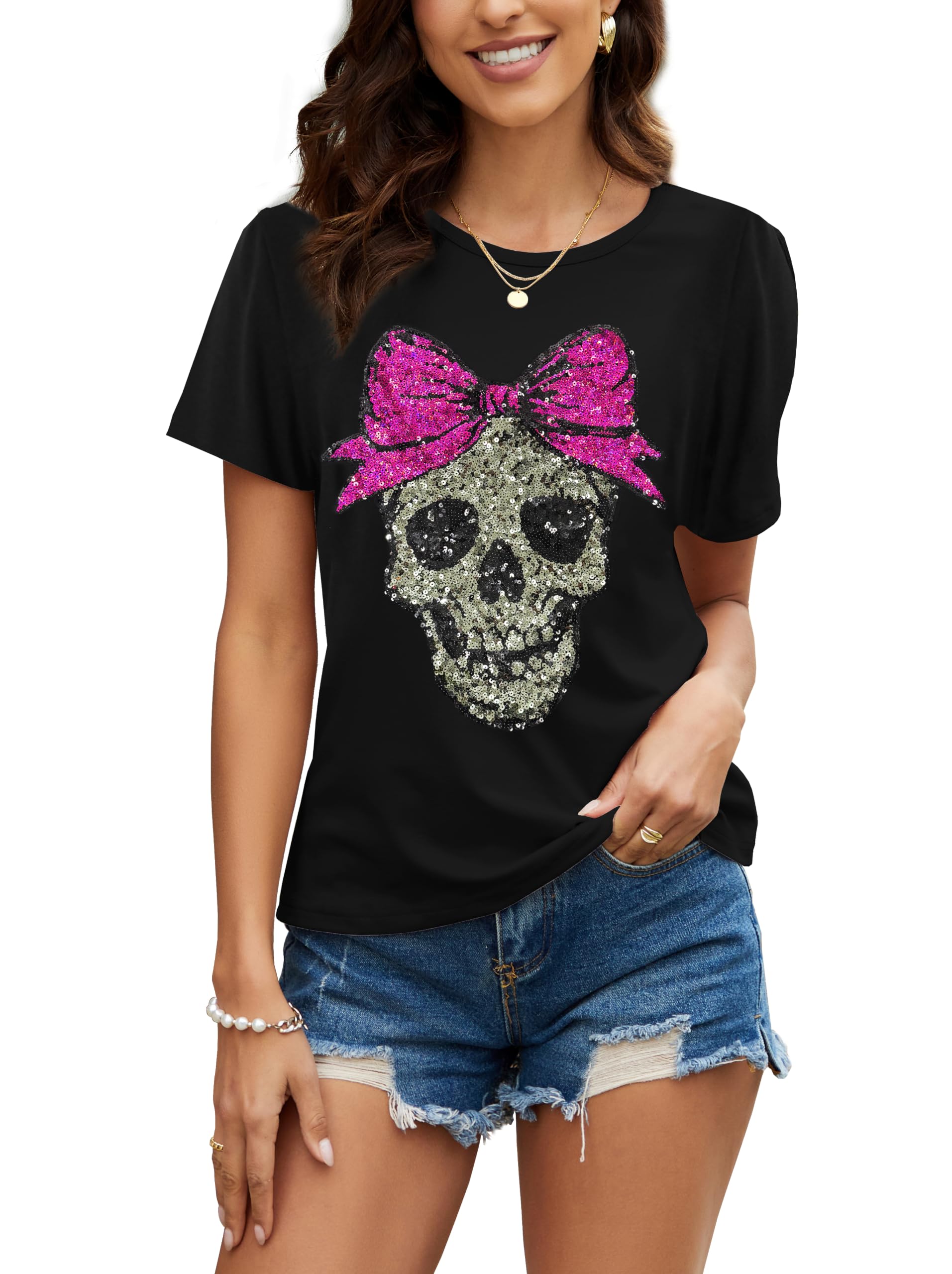PESION Womens Short Sleeve T-Shirt Sequined Tops O-Neck Funny Graphic Tees Blouse