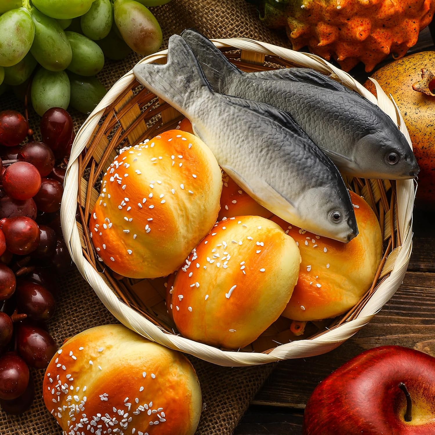 Shappy 8 Pcs Jesus Miracle Loaves and Fish Decorations Include 2 Fake Fish and 5 Fake Artificial Bread with a Basket Sunday and Religious Learning Activities(Crucian Carp)