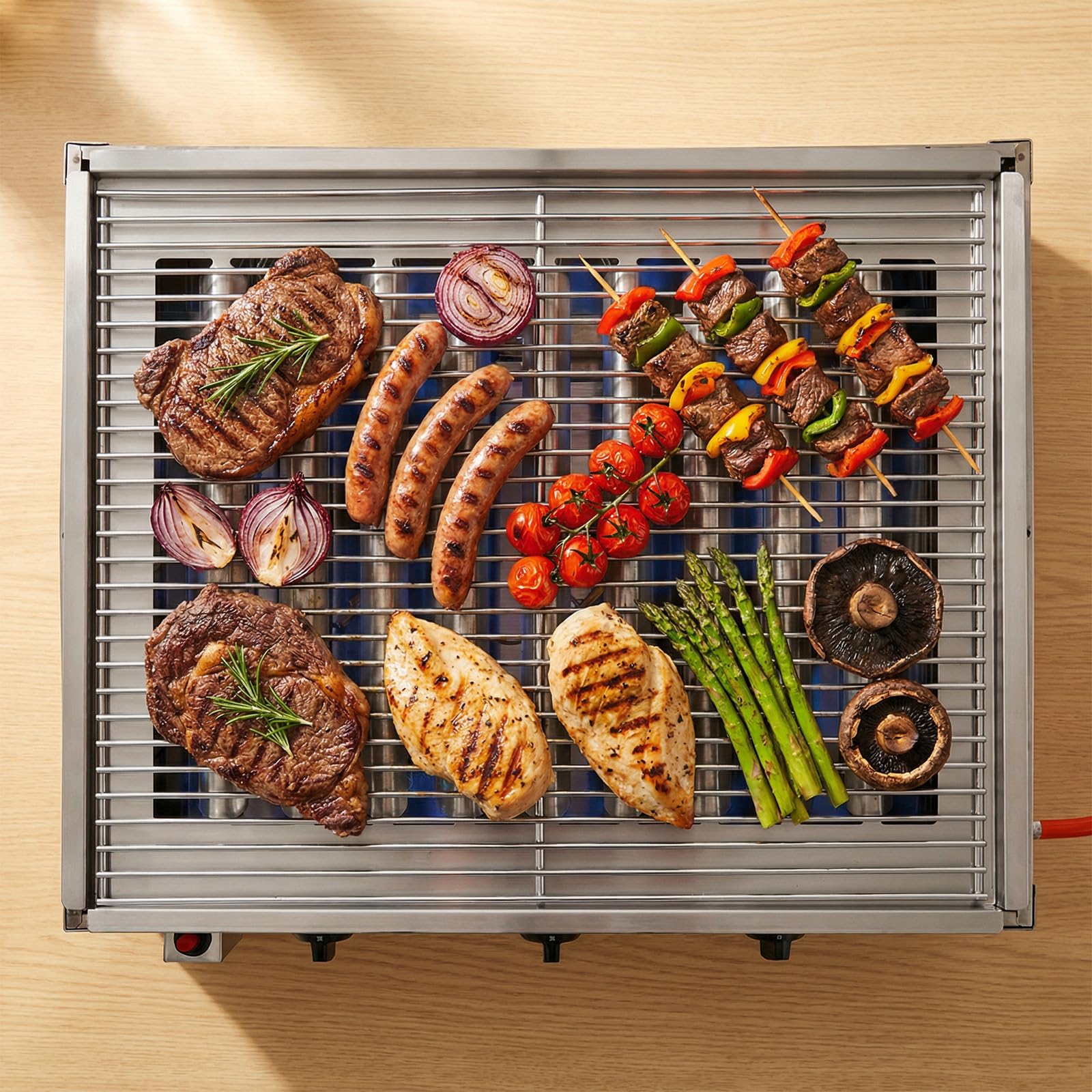TLSUNNY Edelstahl Gasbräter 3-flammig 12 kW, Profi Gasgrill, Gastrobräter gas mit Grillrost, Tischgasgrill für Gastronomie, Outdoor, Garten, Wurstbrater, 59.5x48 cm Grillfläche, 4 PCS Füße