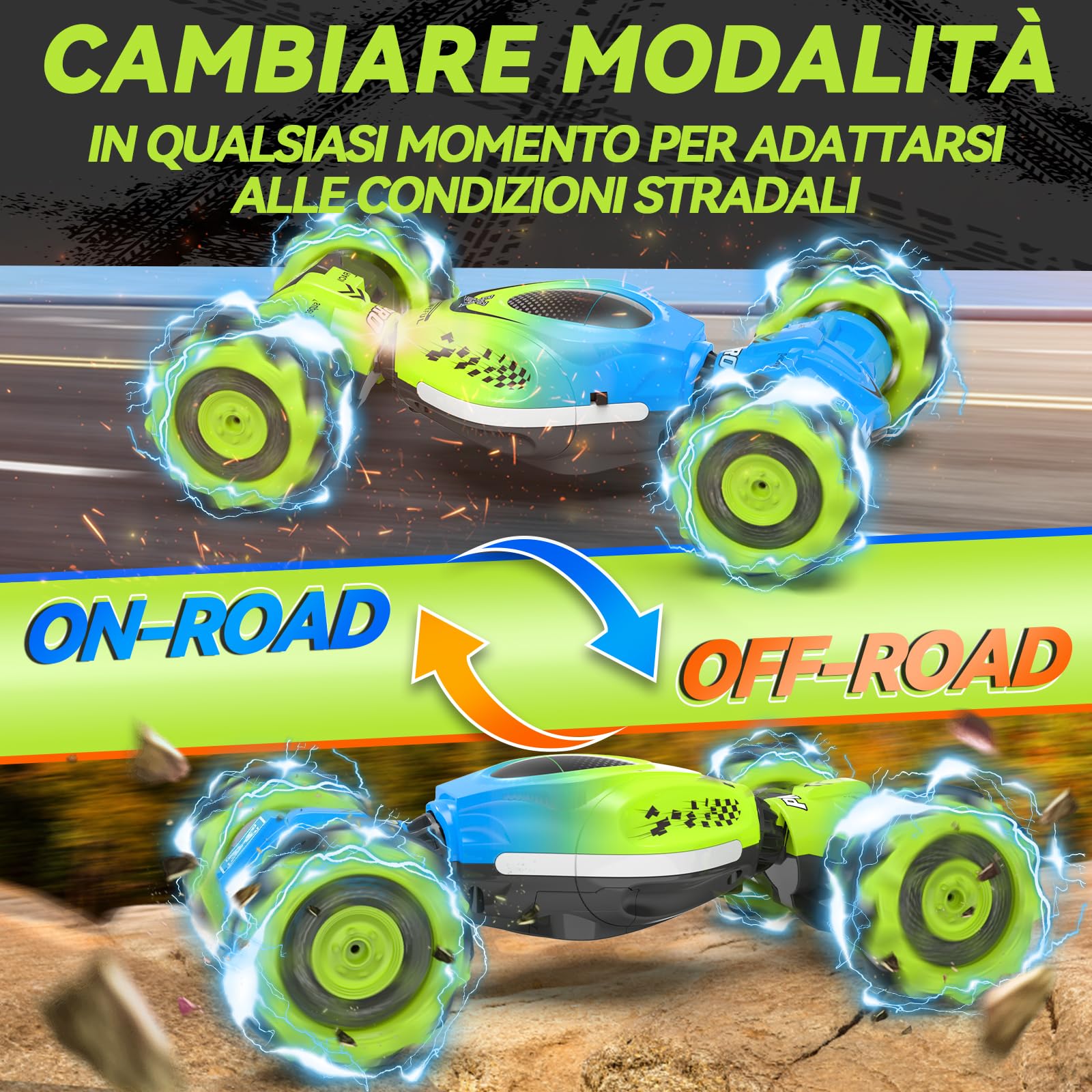 Dysaim Macchina Telecomandata RC Stunt Car Macchina Controllo con Telecomandata 2,4 GHz 4WD 360° Rotazione Crawler Offroad Car RC Drift Auto 2 Batteria Musica Natale Regalo per Bambini da 6 8 12 anni