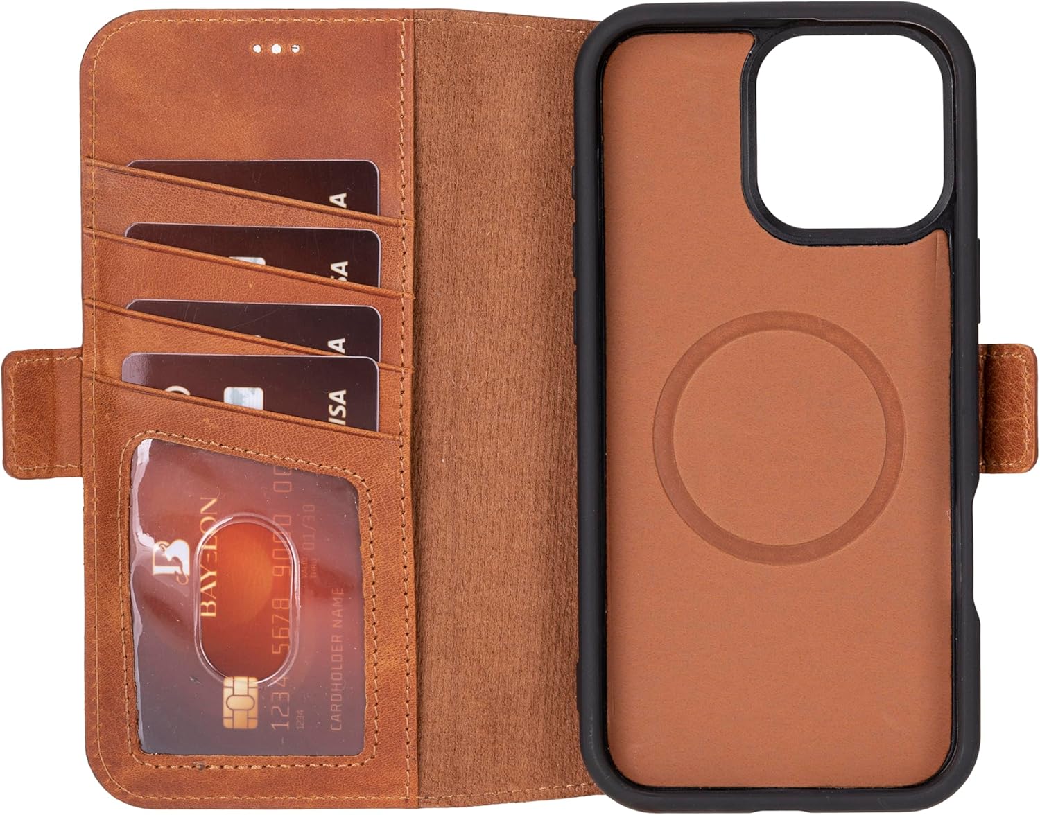 Bayelon Leather Wallet Case for iPhone 16 Pro 6.3" - Flip Cover Card Holder, iPhone 16 Pro Wallet Folio Case, Kickstand, MagSafe Compatible RFID, Real Leather iPhopne 16 Pro Cover (Vintage Brown) - Image 6
