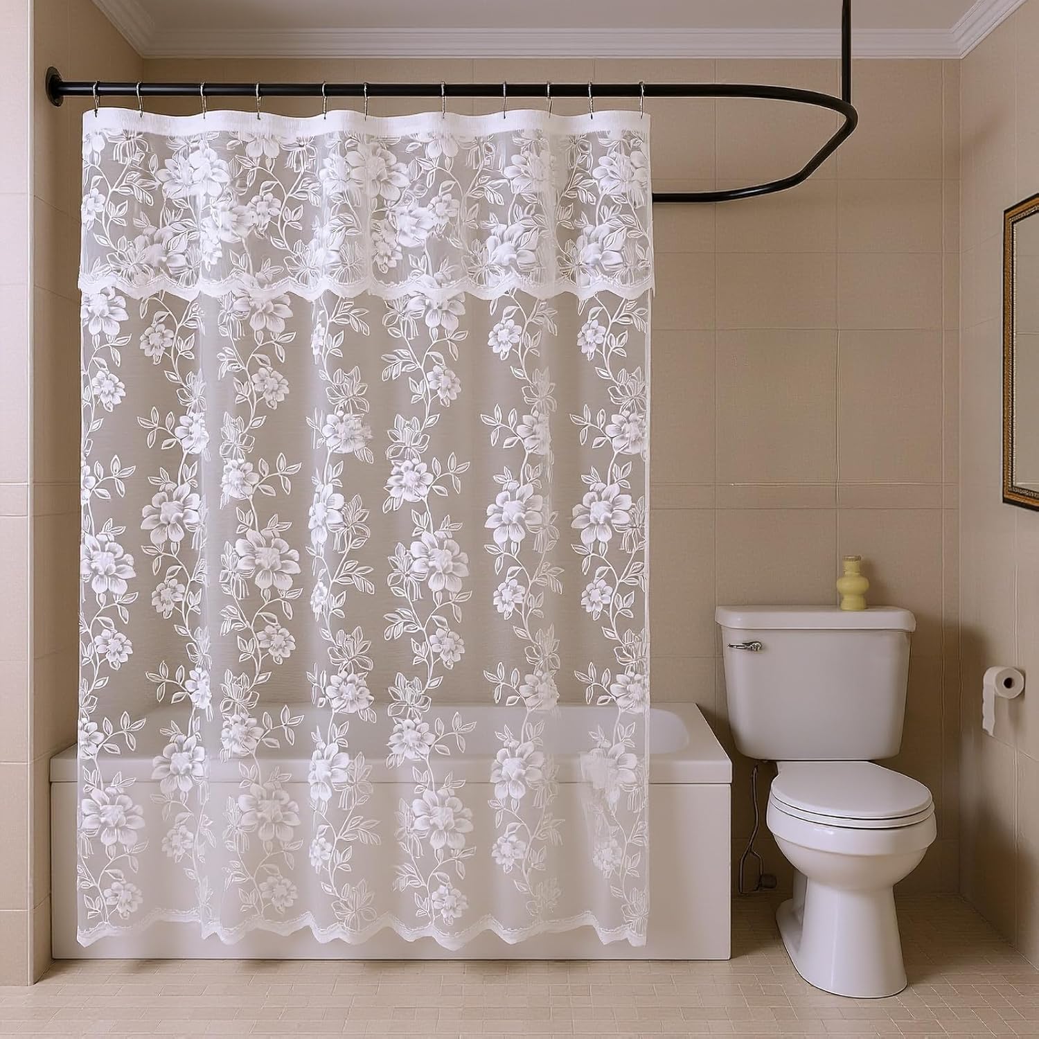 FINECITY White Lace Shower Curtain 72 Inch Length, Rustic Floral Pattern Sheer Lace Shower Curtain with Attached Valance for Bathroom, Reinforce Hole Sheer Shower Curtain, 72 x 72 Inch, 1 Panel, White