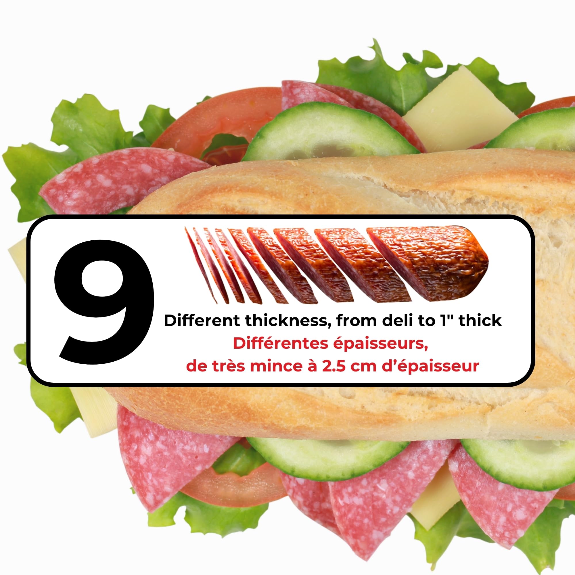 Starfrit Cortador de delicatessen, rebanadas de carne, queso, pan, hoja de acero inoxidable de 6.5 pulgadas, perilla de grosor ajustable, anidable para un fácil almacenamiento, frutas y verduras 2 en