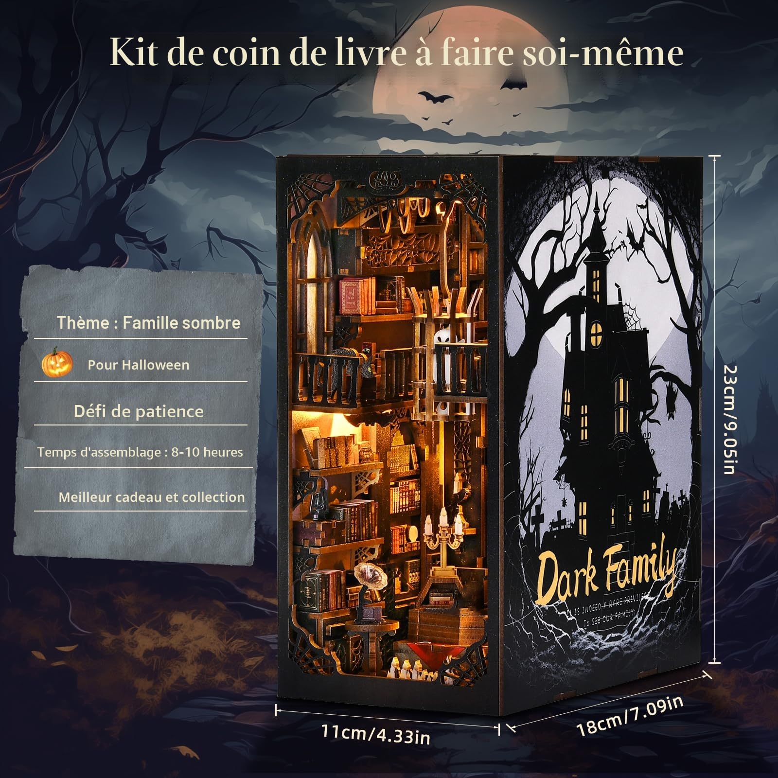 DIY Book Nook Kit, Maison de Poupées Miniatures en Bois,Maisons a Construire avec Meubles et lumière LED, Booknook Miniature House Cadeau de Bricolage pour Adultes - Famille Noire | Serre-livres coin de livre, maison de poupée miniature pour décoration d'